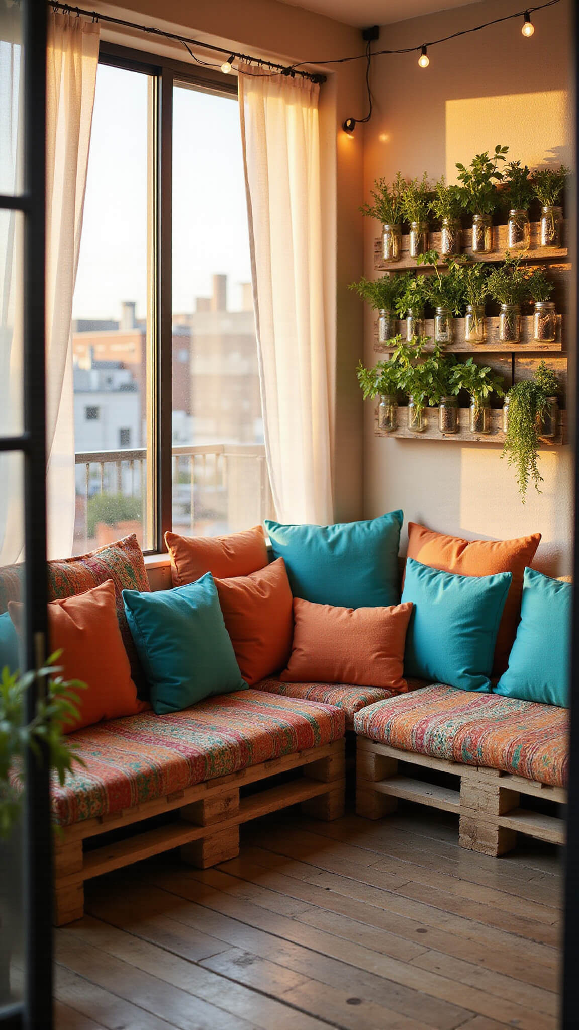 Cozy urban balcony at golden hour with bohemian pallet seating, gauzy curtains, vertical herb garden in mason jars, and warm string lights.