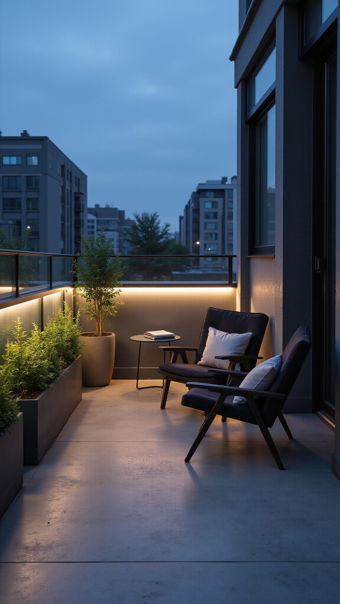 Modern minimalist balcony at dusk with black IKEA foldable chairs, concrete side table, vertical planters with trailing greenery, and LED-lit glass balustrade in moody blue hour lighting.