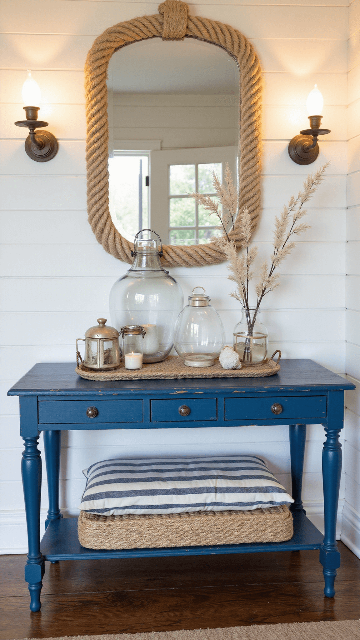 Cozy 12x8ft entryway at dusk with white tongue-and-groove walls, vintage blue console, beach decor, rope mirror, woven bench, and warm ambient lighting.