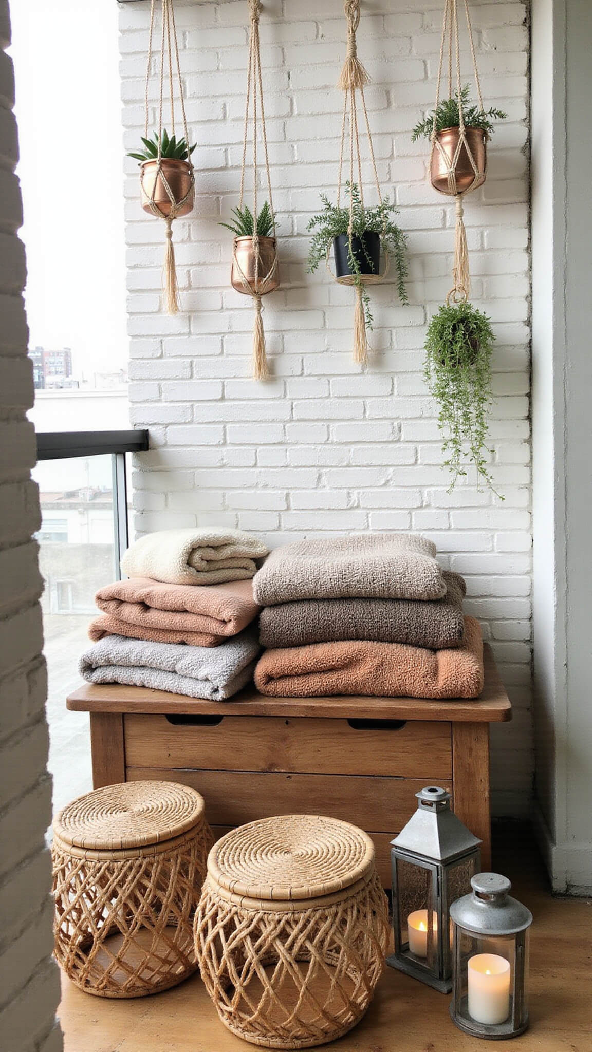 Cozy bohemian balcony with rattan stools, rustic bench with earth-toned throws, hanging succulents, and lanterns against white brick wall in soft morning light.