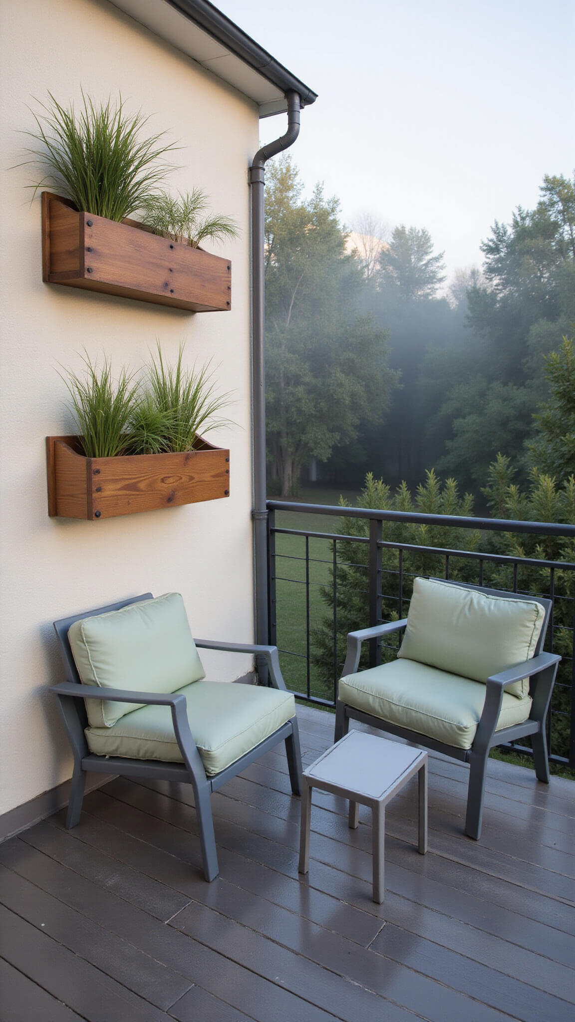 Scandinavian-style balcony with wooden planter boxes, minimalist greenery, and grey metal furniture at sunrise in misty light.