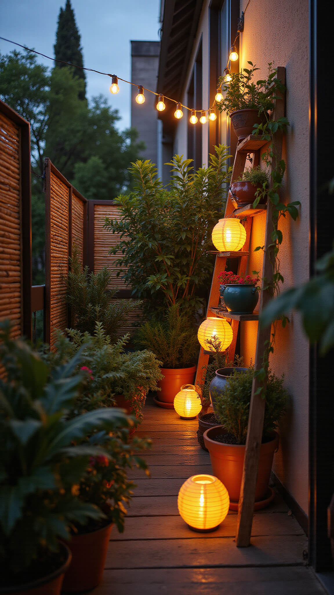 Low-angle view of a small tropical urban balcony at twilight with glowing lanterns, lush plants, a ladder shelf with pottery, bamboo screens, and warm copper string lights.
