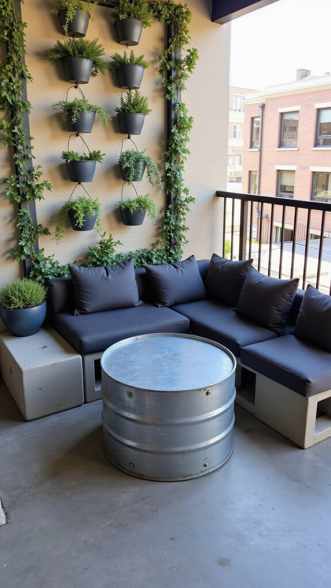 Industrial-chic balcony with upcycled metal drum coffee table, modular concrete seating with charcoal cushions, and geometric vertical garden wall in bright midday light.