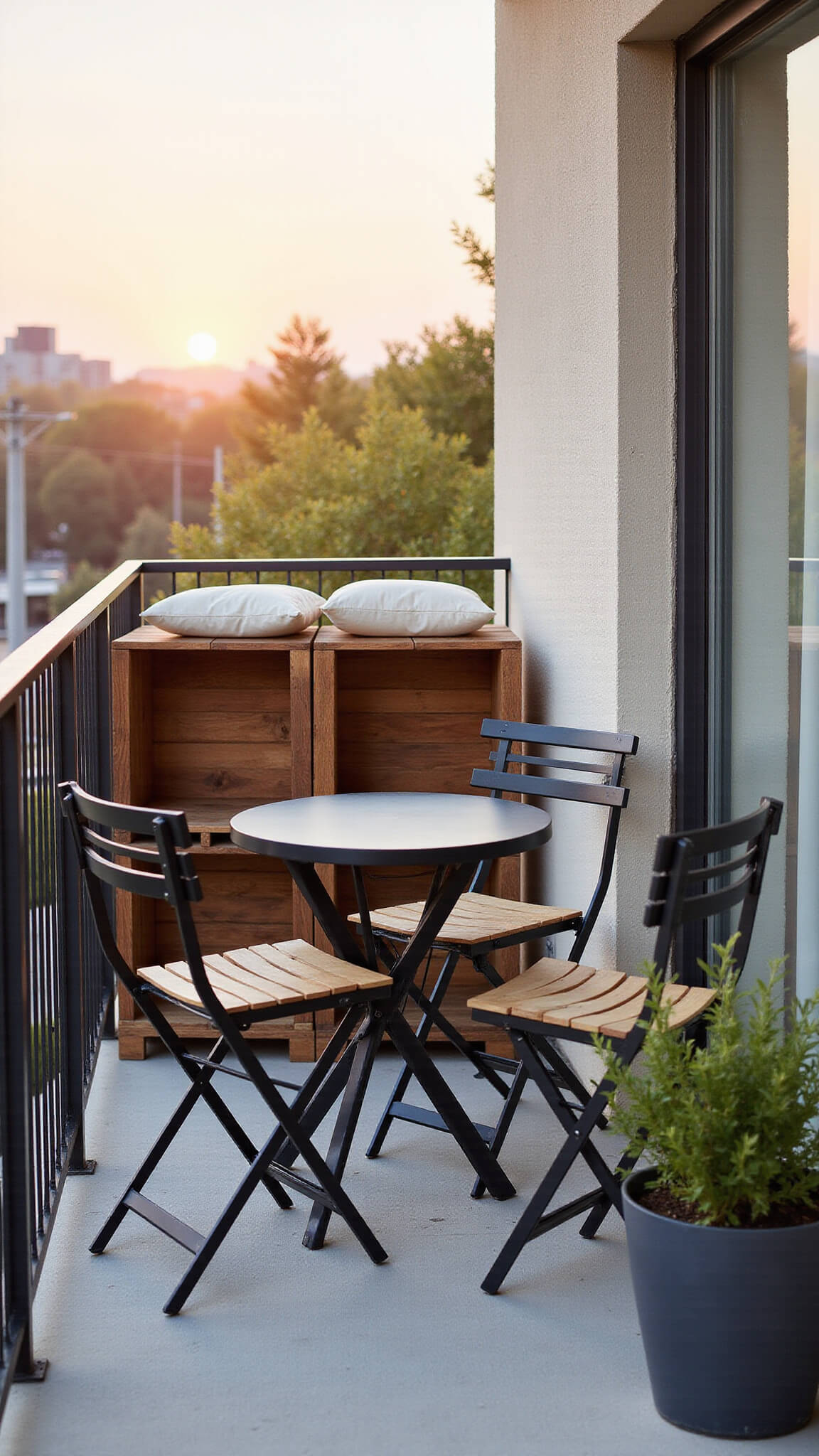 Compact 6x8 ft urban balcony at golden hour with foldable black and teak bistro set, wall-mounted drop-leaf table, wooden crate seating with cushions, and minimalist industrial-modern decor.