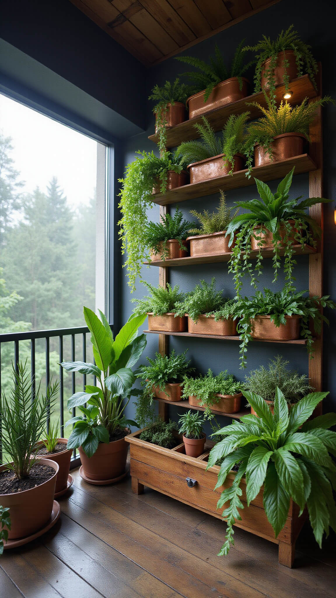 Eye-level view of a lush balcony garden with an 8-foot vertical green wall, copper planters overflowing with pothos, ferns, and succulents, a cedar shelf with grow lights for herbs, all glistening with morning mist and dewdrops.