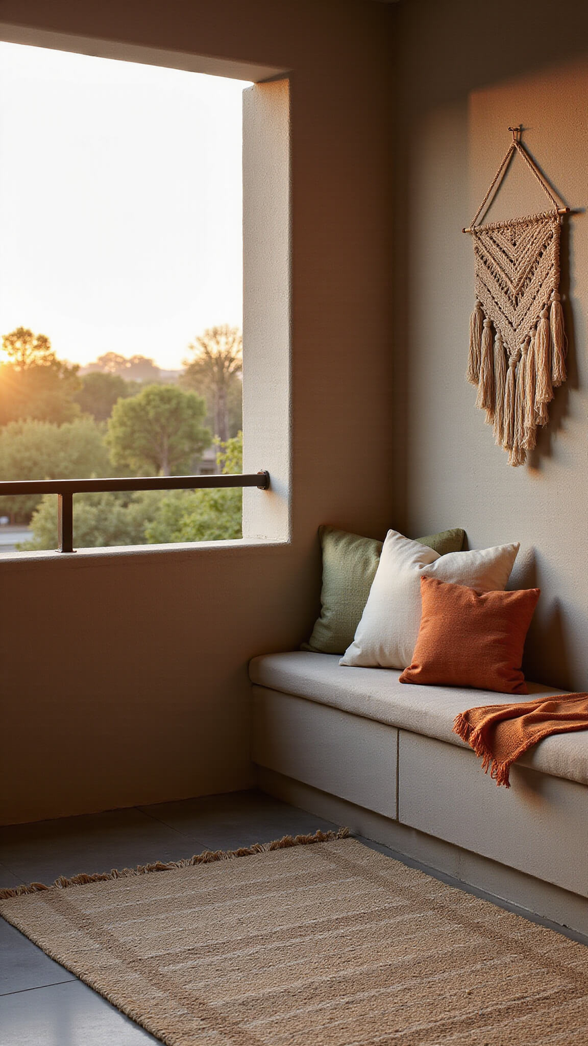 Cozy sunset balcony with layered textiles, including jute rug, colorful cushions, and macramé wall hanging, shot with dramatic side lighting.