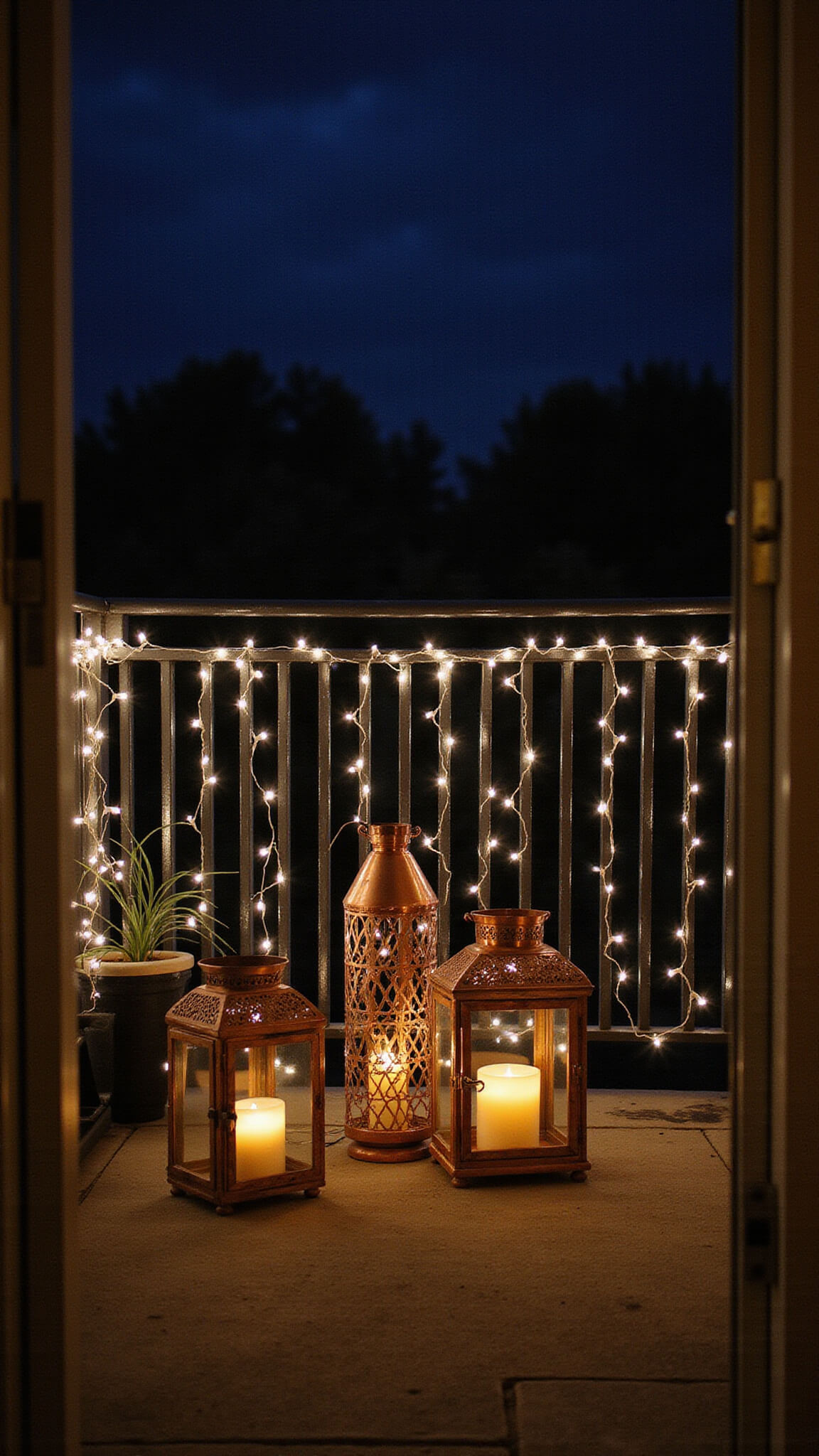 Balcony at dusk viewed from interior doorway, glowing with warm LED string lights on metal railing, Moroccan copper lanterns casting shadows, and clusters of battery candles with moody lighting effects.