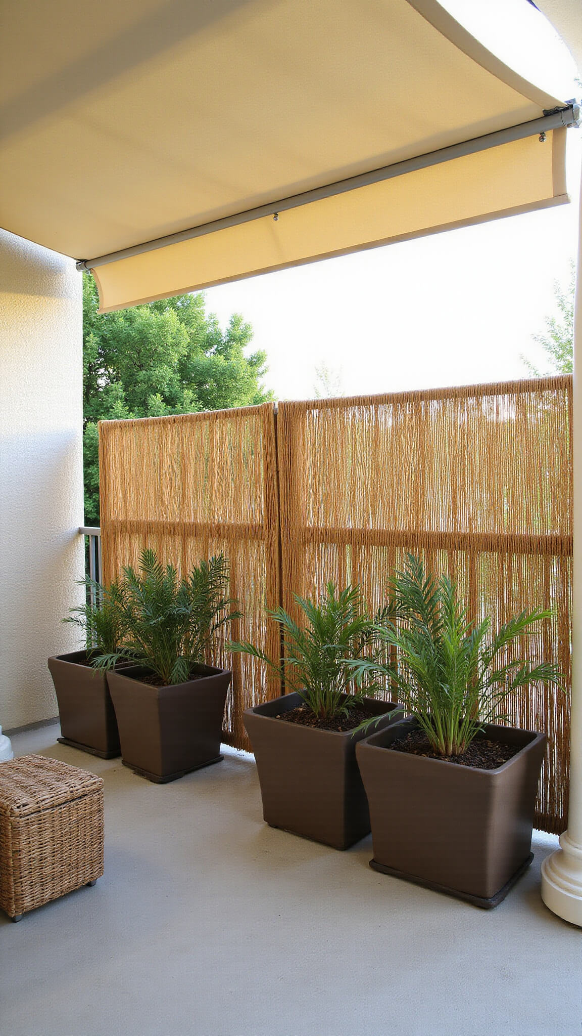 Late afternoon view of a private balcony featuring a custom bamboo screen, retractable cream canvas awning, and tall planters, shot from below with soft, diffused lighting.