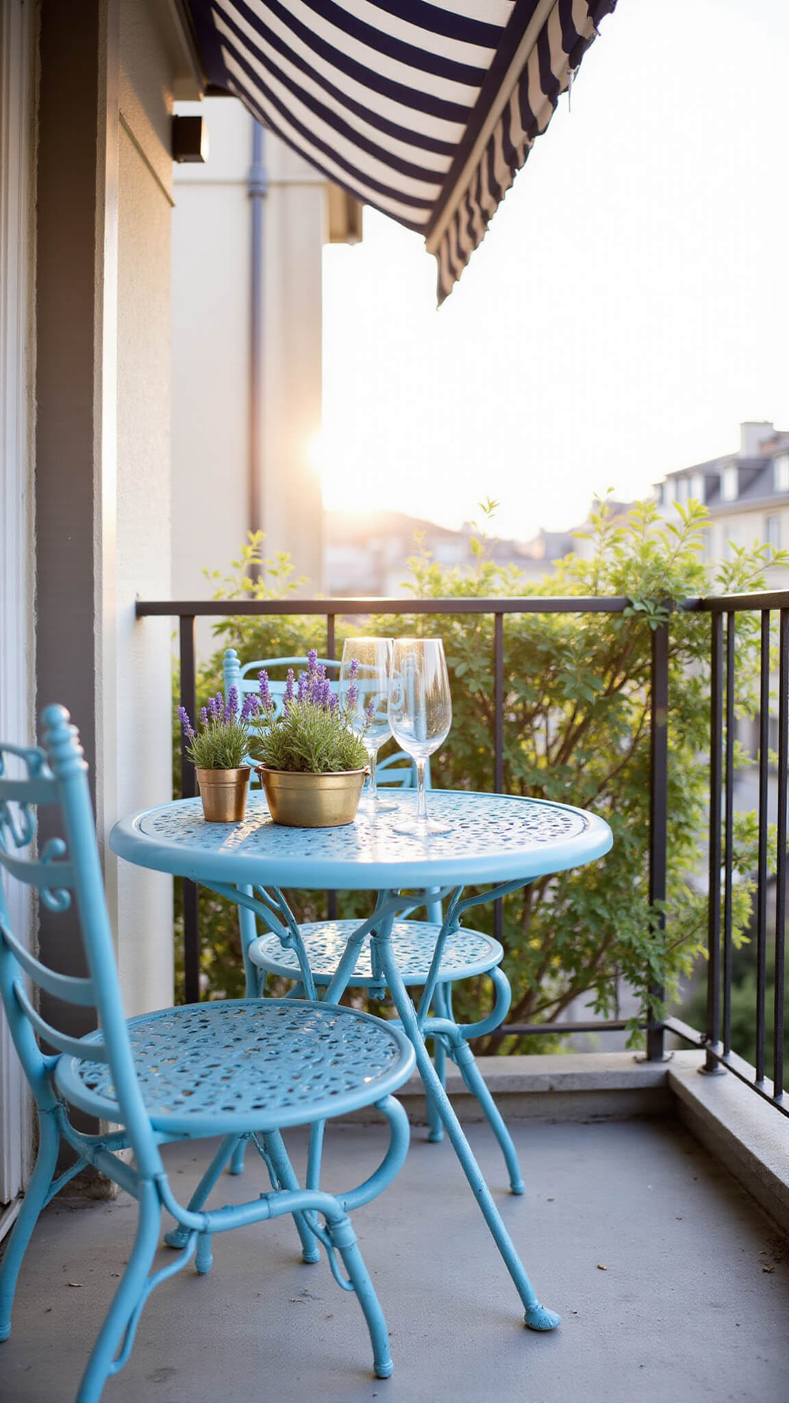 Parisian-style balcony in morning light with vintage blue bistro set, brass planters of lavender and rosemary, crystal wine glasses, and navy-striped awning.
