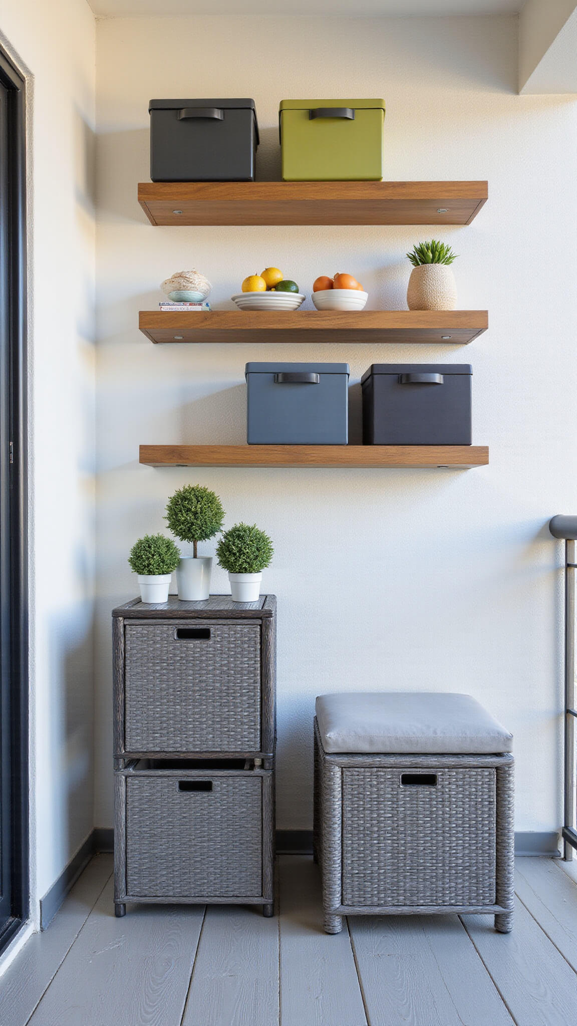 Straight-on view of a professionally organized balcony featuring custom floating shelves with color-coordinated storage, sleek gray metal and wood furniture, and a woven hidden-storage ottoman under bright, even lighting.