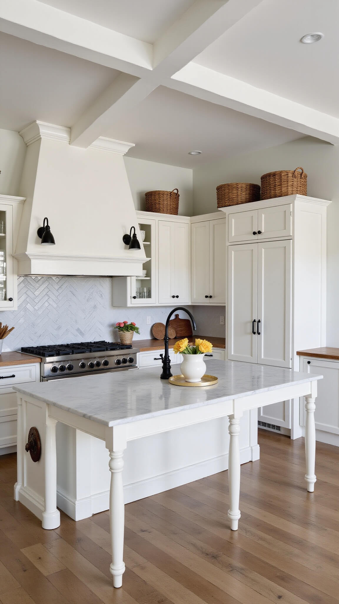 Corner view of a bright 12x18ft kitchen with white ceiling beams, marble island, butcher block counters, and moody morning light highlighting a herringbone backsplash.