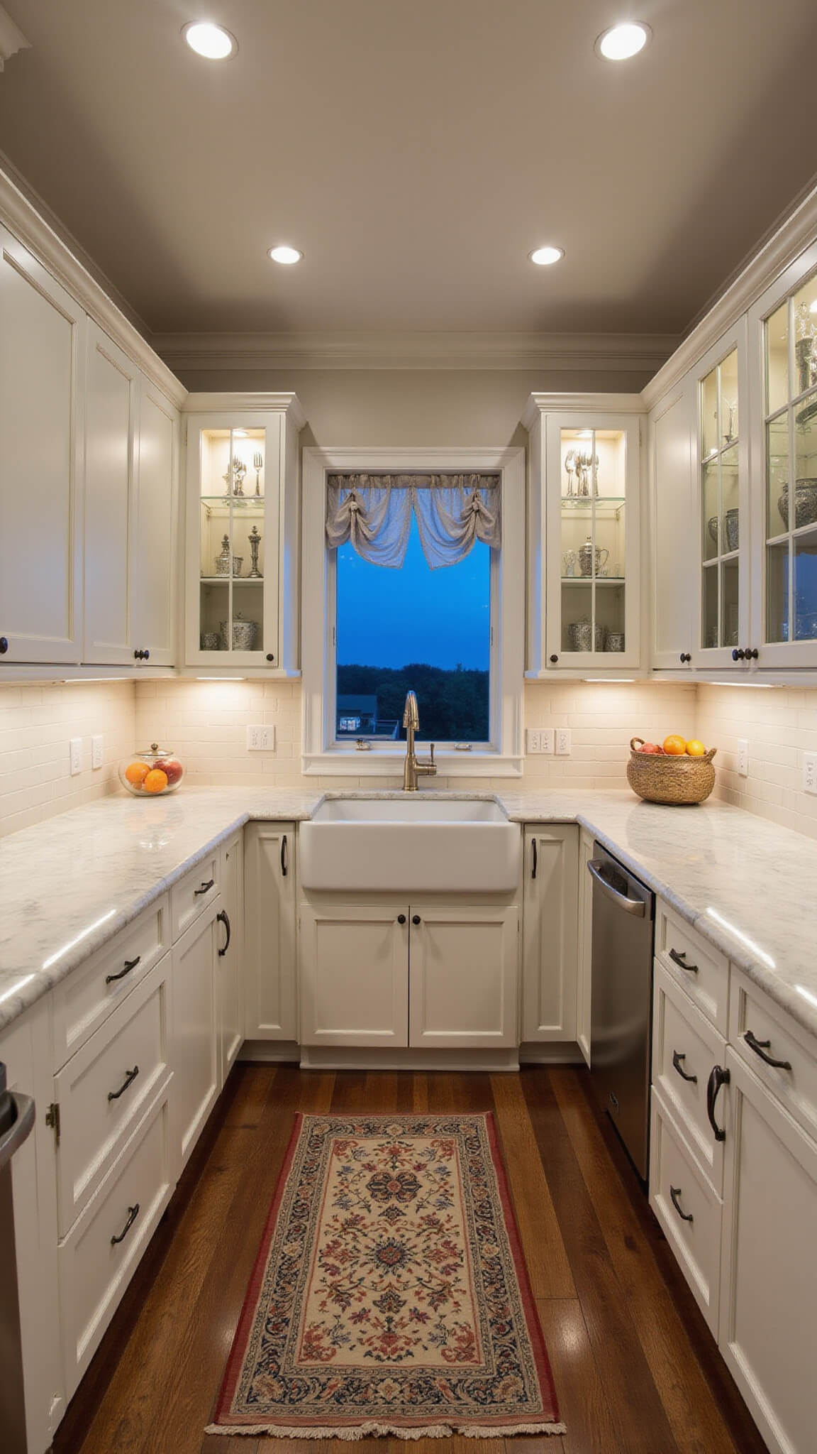Eye-level view of an 18-foot galley kitchen at blue hour with white inset cabinets, marble counters, polished nickel accents, antique runner, and illuminated glass-front cabinets displaying vintage silverware.