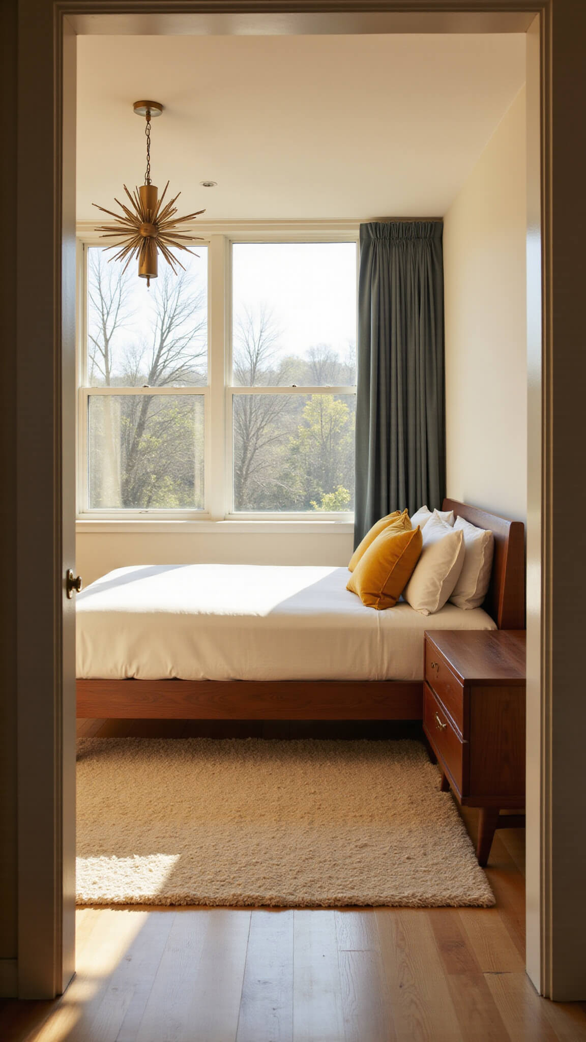 Mid-century modern bedroom with walnut platform bed, mustard accents, Sputnik chandelier, and golden hour light through floor-to-ceiling windows.