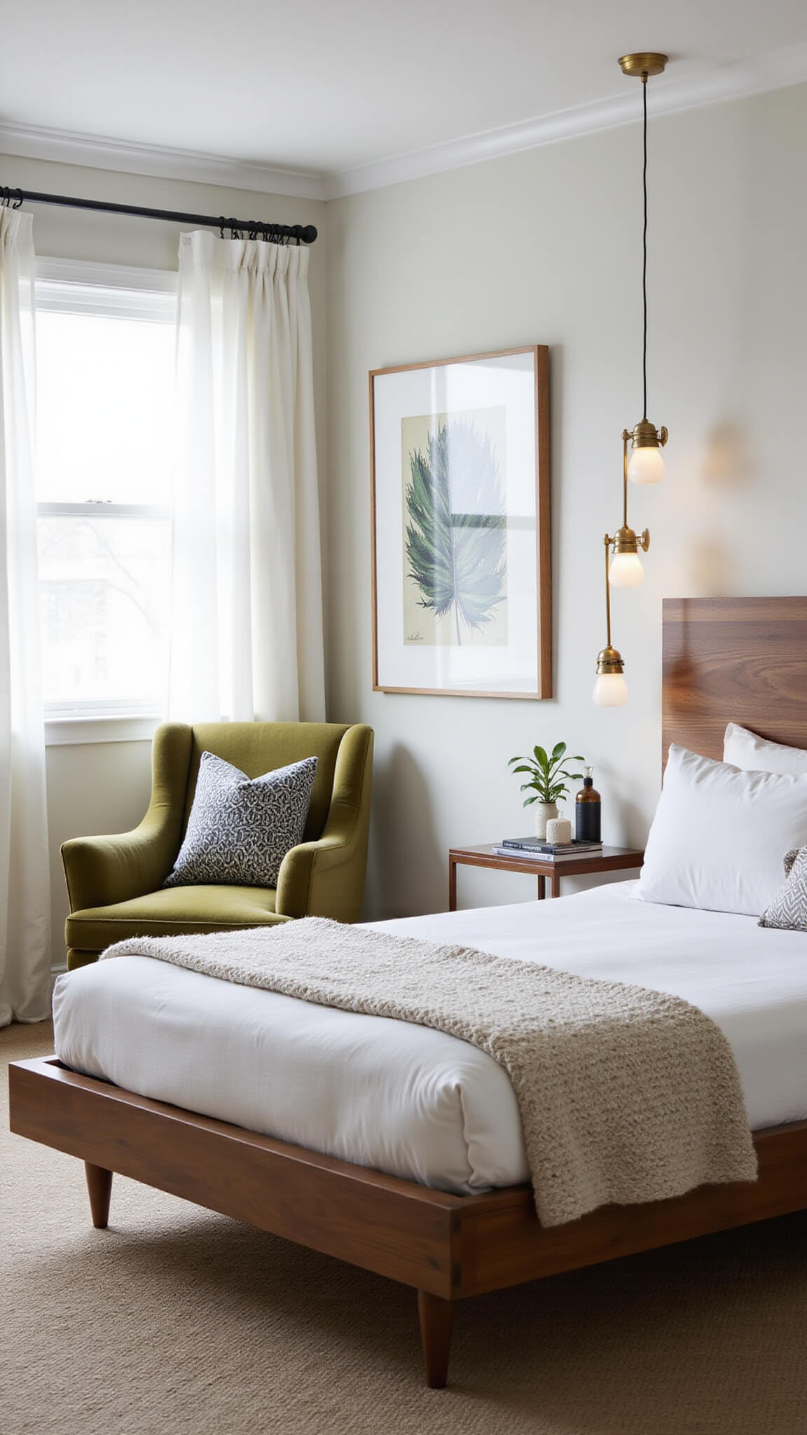 Cozy 12x12ft bedroom at dawn with floating walnut bed, brass pendant lights, olive green accent chair, and soft morning light filtering through sheer curtains.