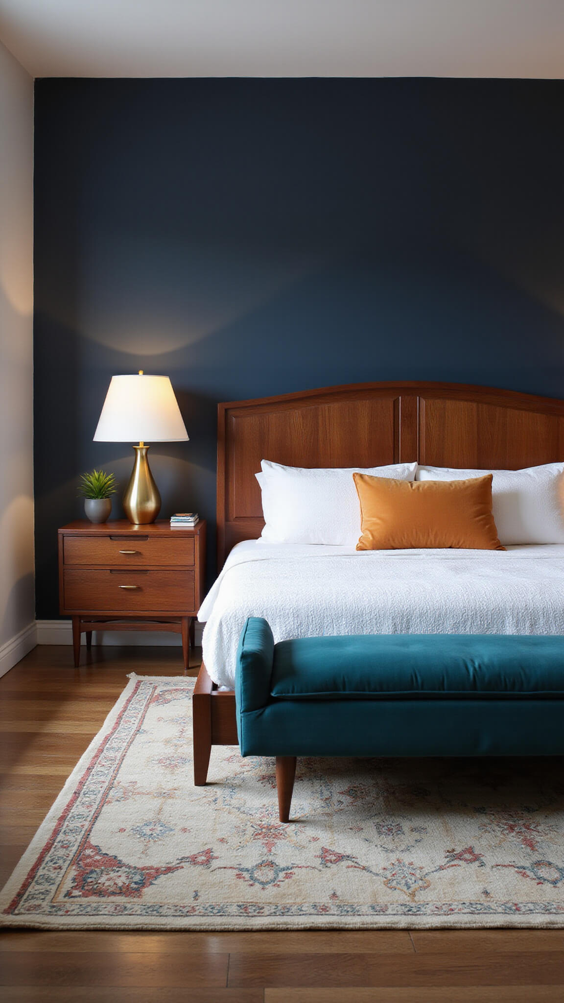 Moody dusk view of master bedroom with teak bed, navy accent wall, mid-century lamps, and velvet bench.