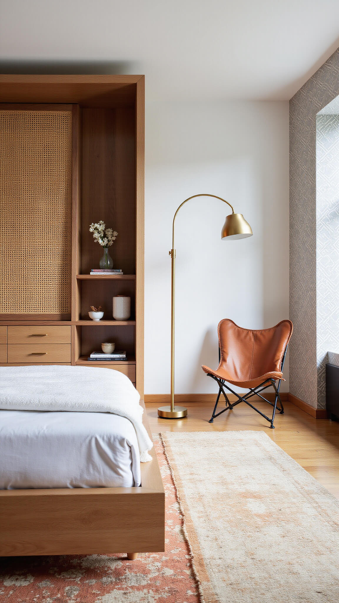 Low-angle view of sunlit 13x15ft bedroom with walnut and rattan room divider, light oak platform bed, brass arc floor lamp, grey geometric wallpaper, layered cream and rust rugs, and leather butterfly chair in reading nook.