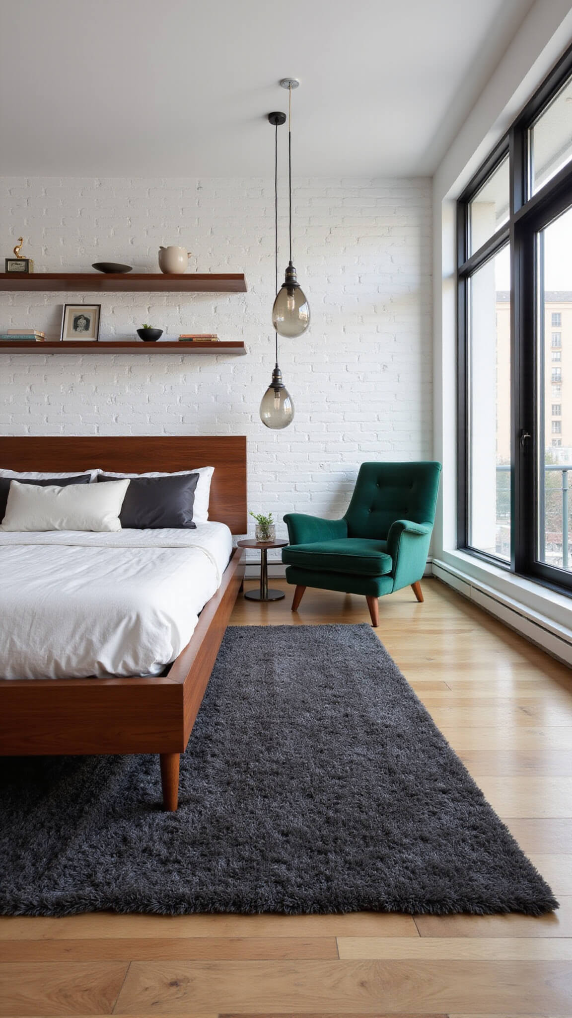 Modernist 16x14ft bedroom at twilight with city skyline view, low rosewood bed against white brick wall, smokey glass pendant lights, floating shelves with vintage ceramics, charcoal rug, emerald green velvet armchair.