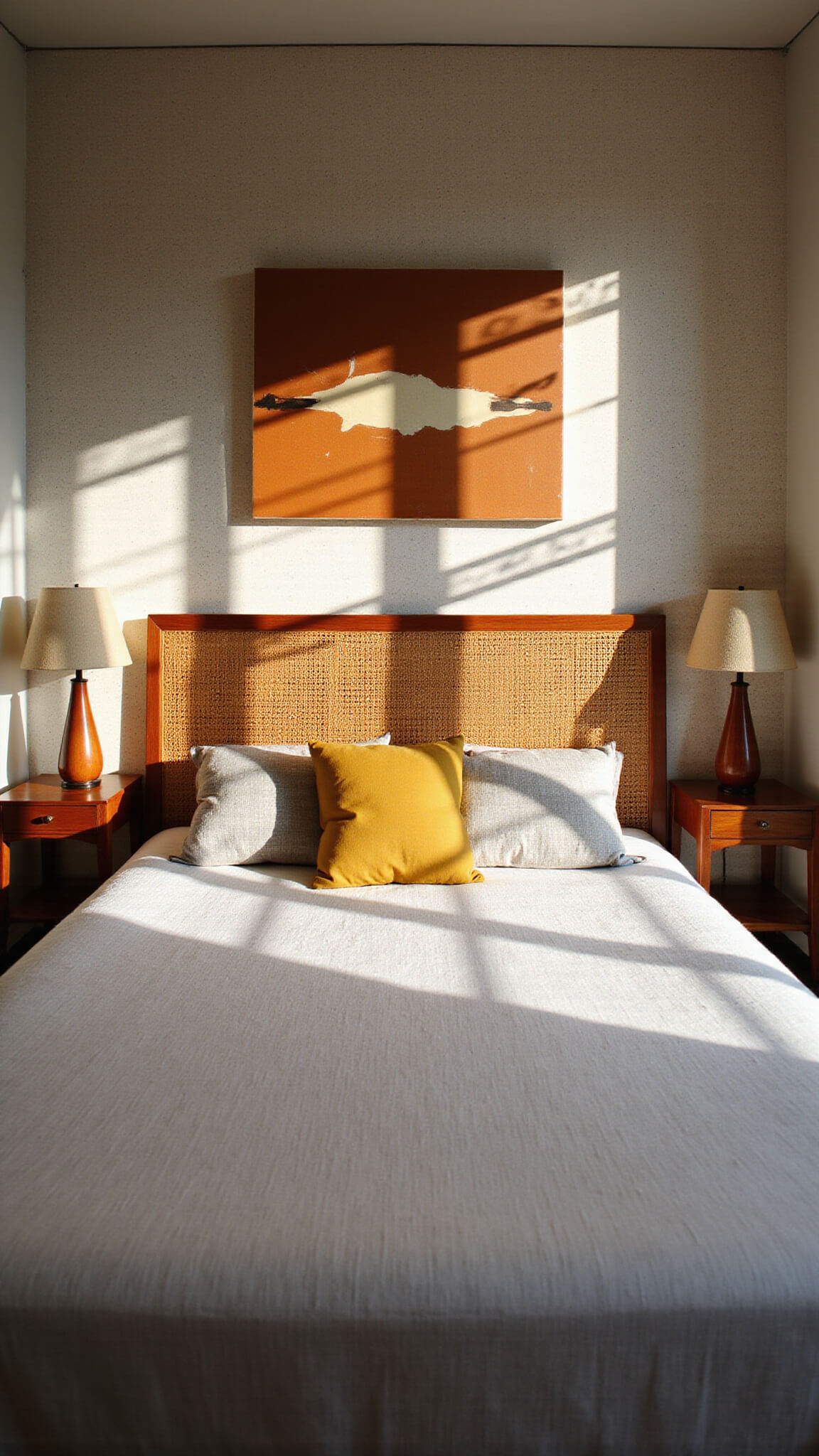Compact 11x13ft bedroom with teak and cane headboard, terrazzo accent wall, Atomic Age lamps, abstract burnt orange art, and palm shadows in high contrast lighting.