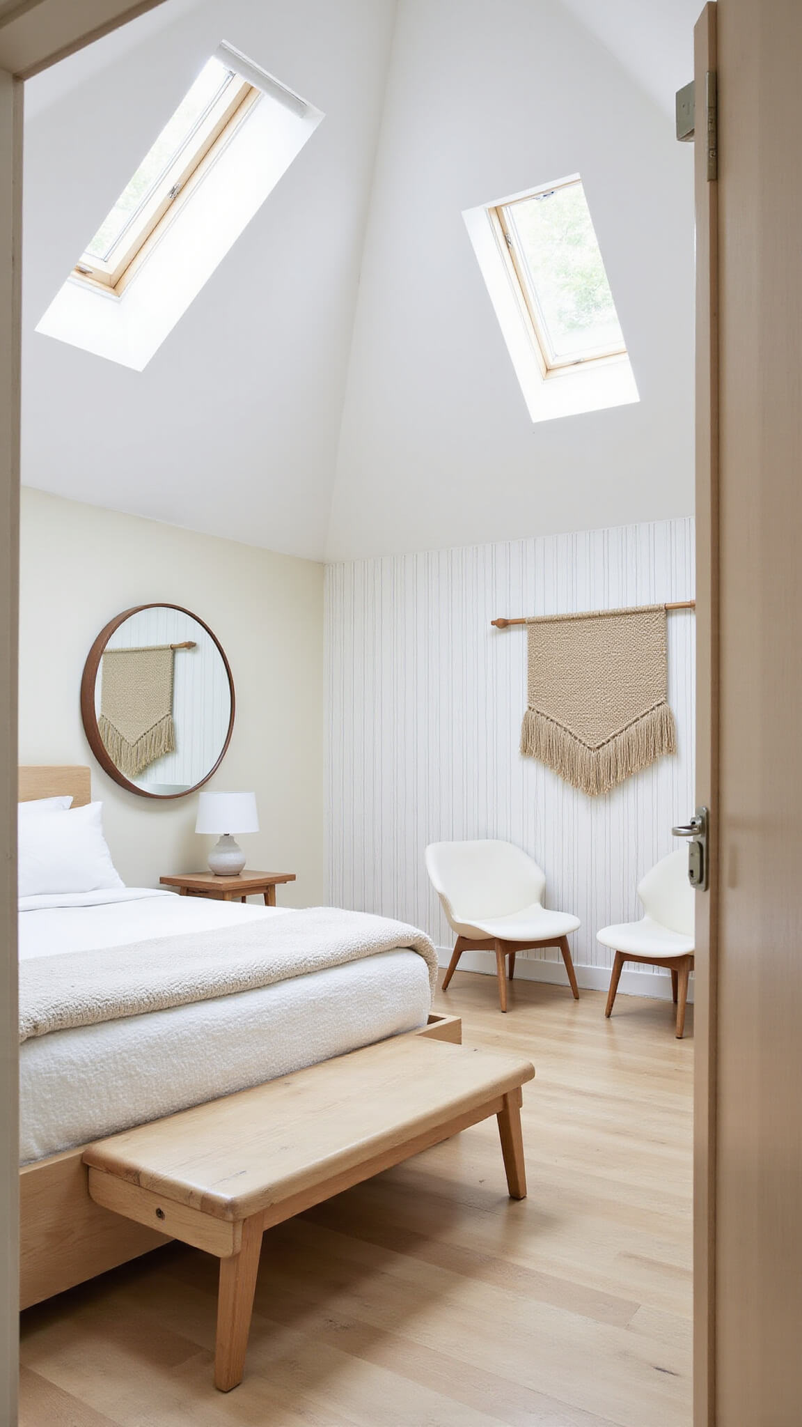 Bright minimalist bedroom with bleached oak bed, clerestory windows, shell chairs, and oversized round mirror reflecting daylight.