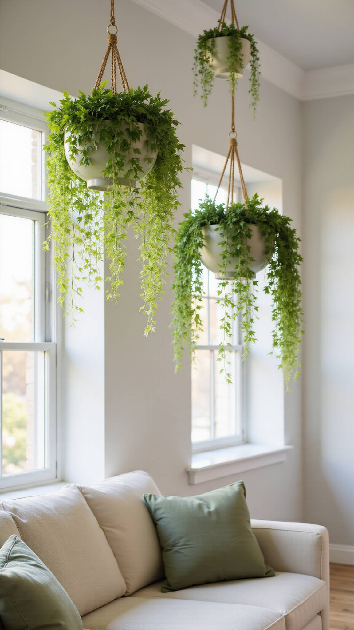 Low-angle view of a bright living room with tall white ceilings, cascading pothos plants in white planters, dappled sunlight on pale grey walls, and a cream mid-century sofa with sage green pillows.