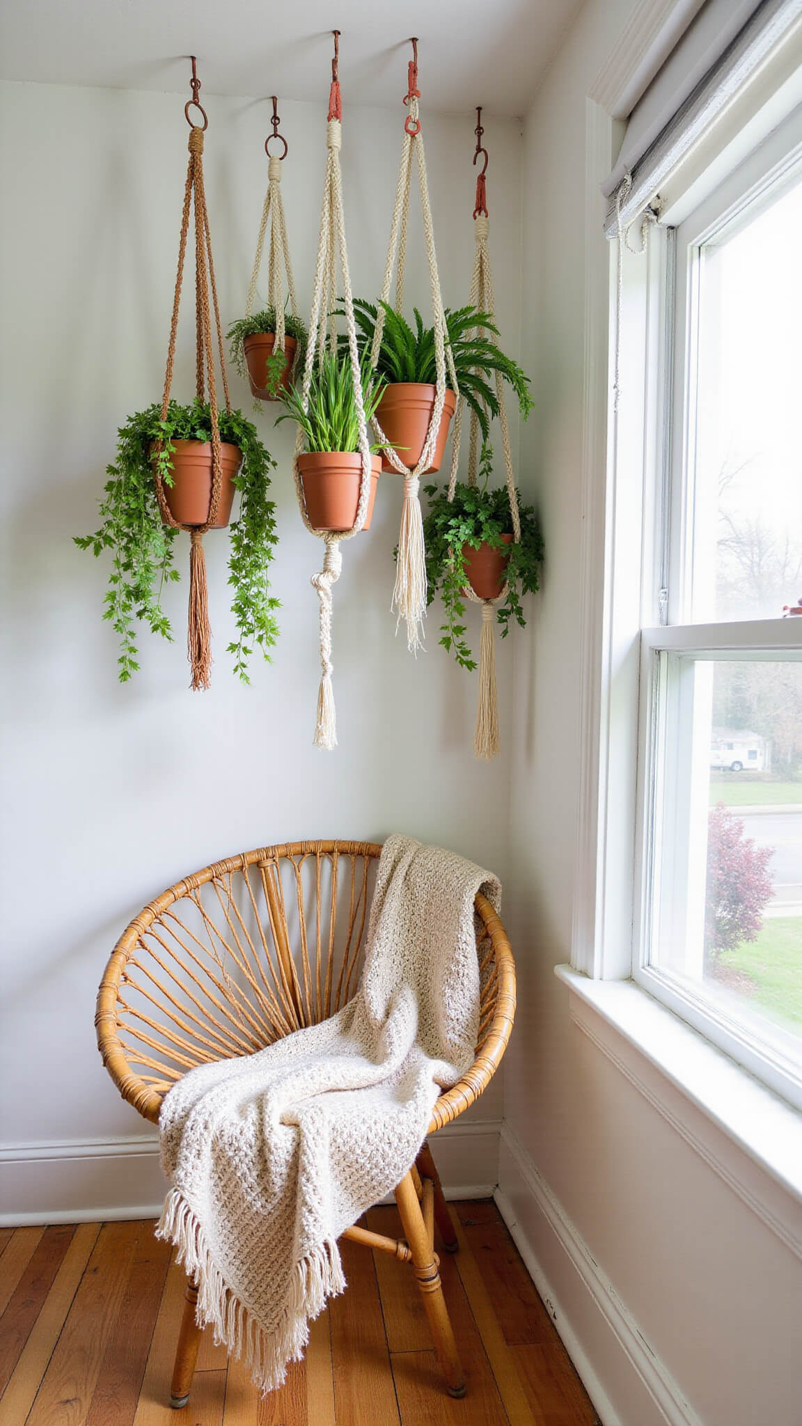 Bohemian reading nook with hanging plants, macrame holders, and a rattan peacock chair under natural morning light.