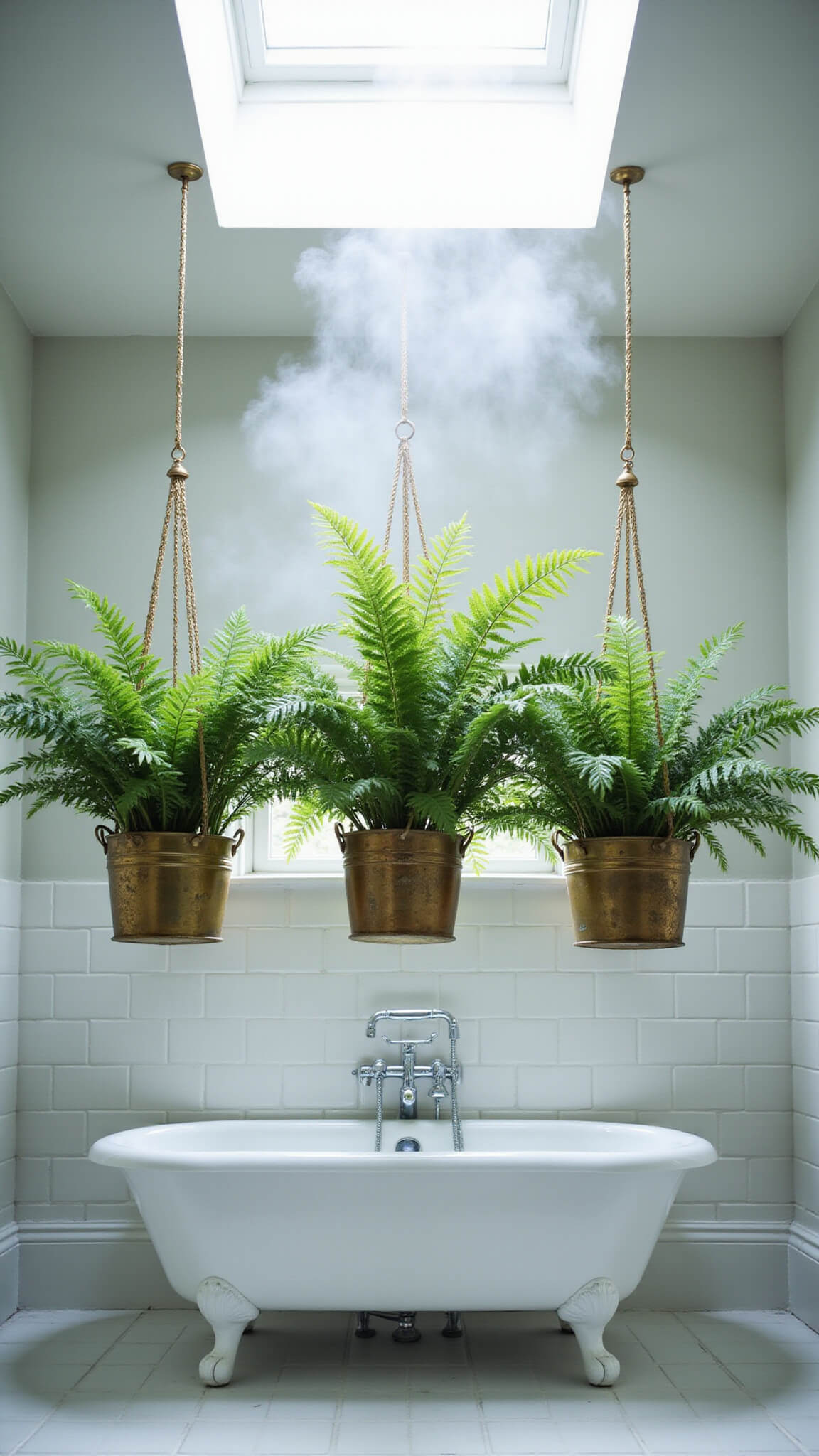 Serene bathroom with clawfoot tub, white subway tiles, and hanging Boston ferns in brass planters near skylight amid morning steam.