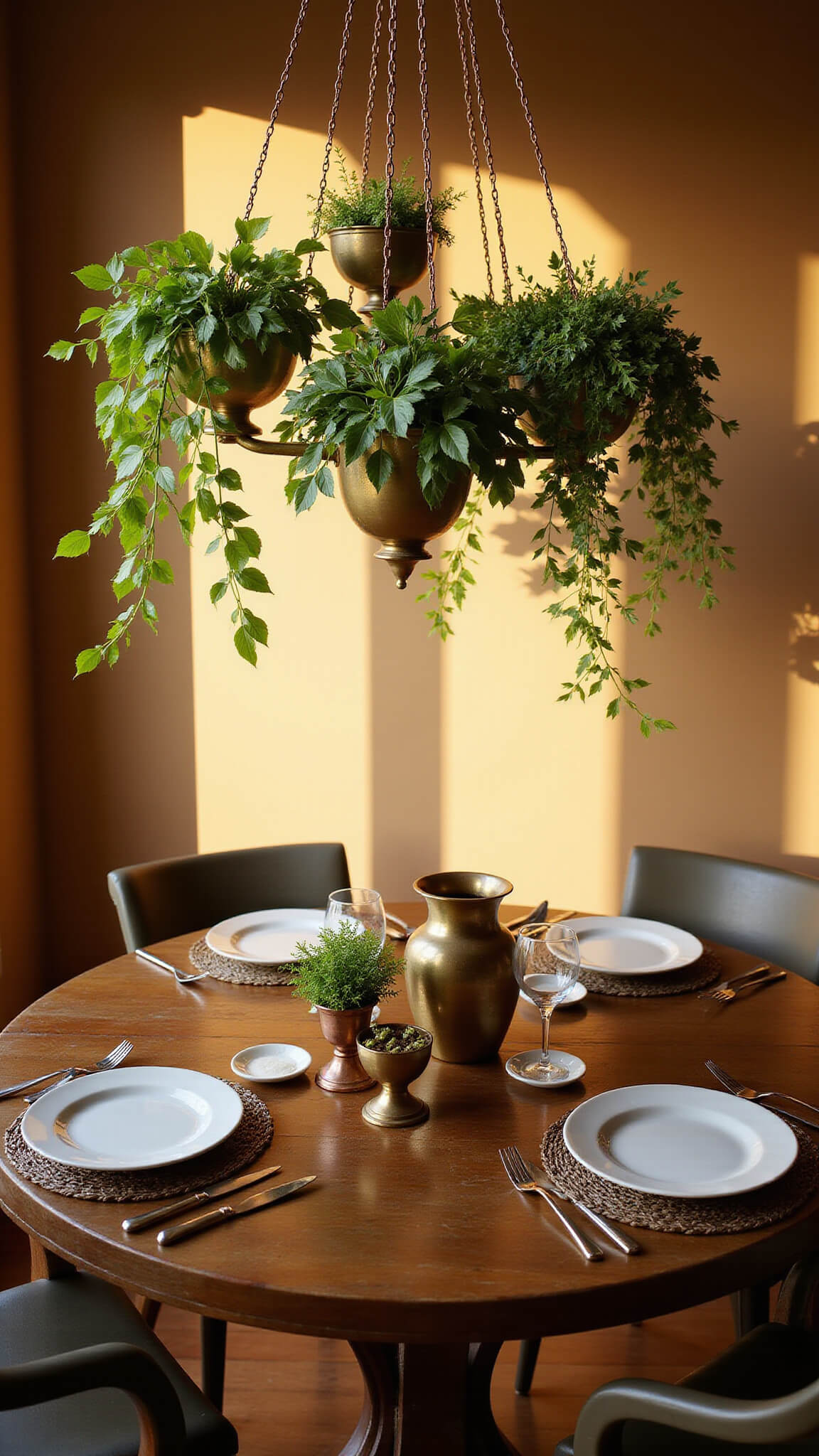 Cozy sunset-lit dining space with hanging plants in vintage brass vessels forming a living chandelier above a round wooden table.