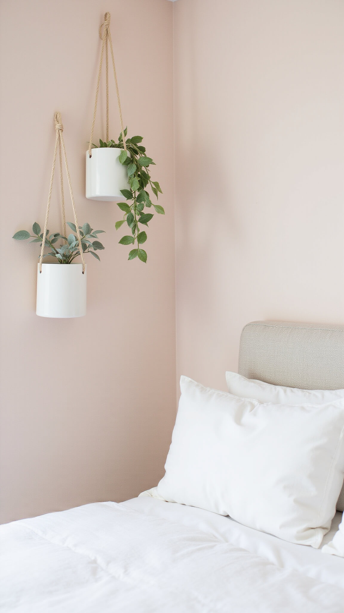 Scandinavian bedroom corner with hanging Satin Pothos, pale blush walls, and white bedding in soft daylight.