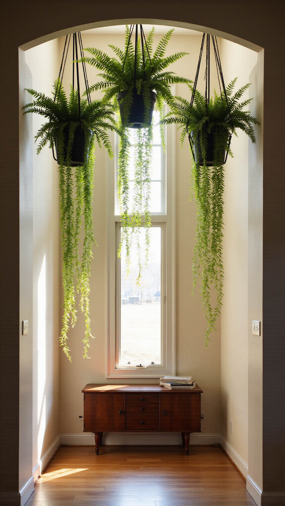 Dramatic entryway with cascading Boston Ferns in black geometric hangers, backlit by golden hour sunlight through tall window above vintage console table.