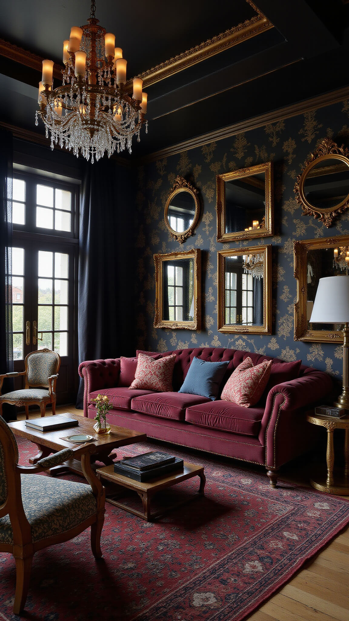 Elevated midnight view of a luxurious 20x20ft living room with black and gold damask walls, burgundy Chesterfield sofa, crystal chandeliers, vintage mirrors, and candlelit ambiance.