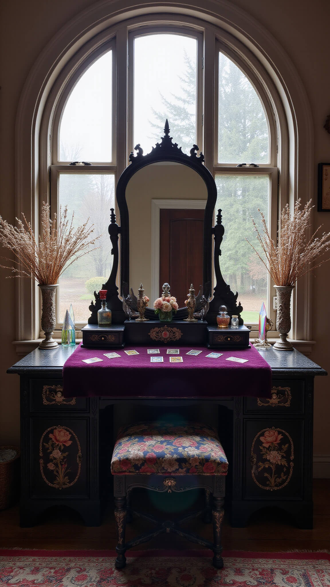 Victorian-style vanity with gothic arch window, misty dawn light, hand-painted mirror, vintage decor, and soft rainbow reflections.