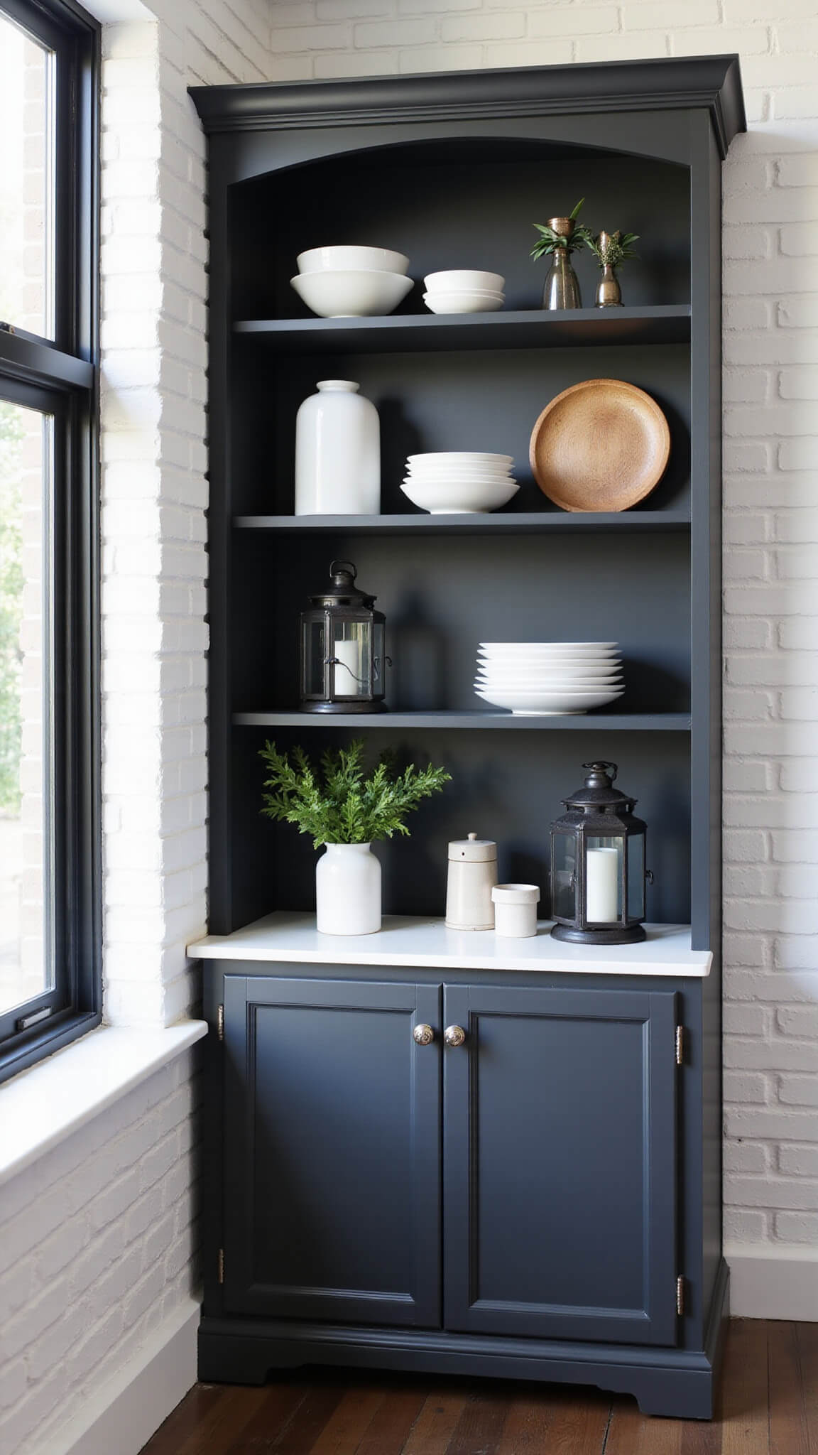 Modern farmhouse kitchen corner with matte black hutch, white brick wall, minimalist decor, and dramatic shadows from black-framed windows in late afternoon light.