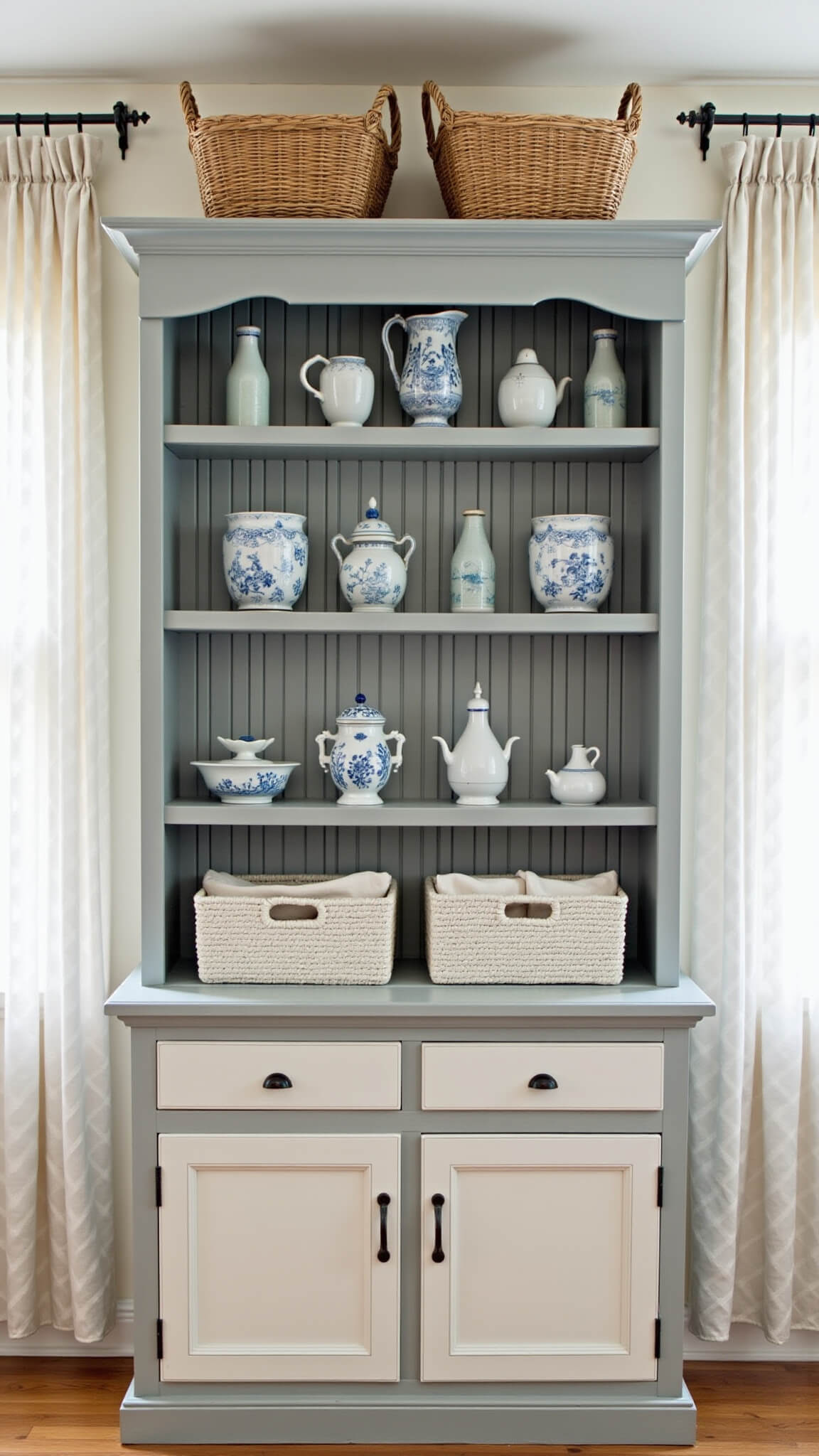 Coastal kitchen hutch with blue and white chinoiserie, sea glass, and rattan accents in bright breakfast nook with soft natural light.