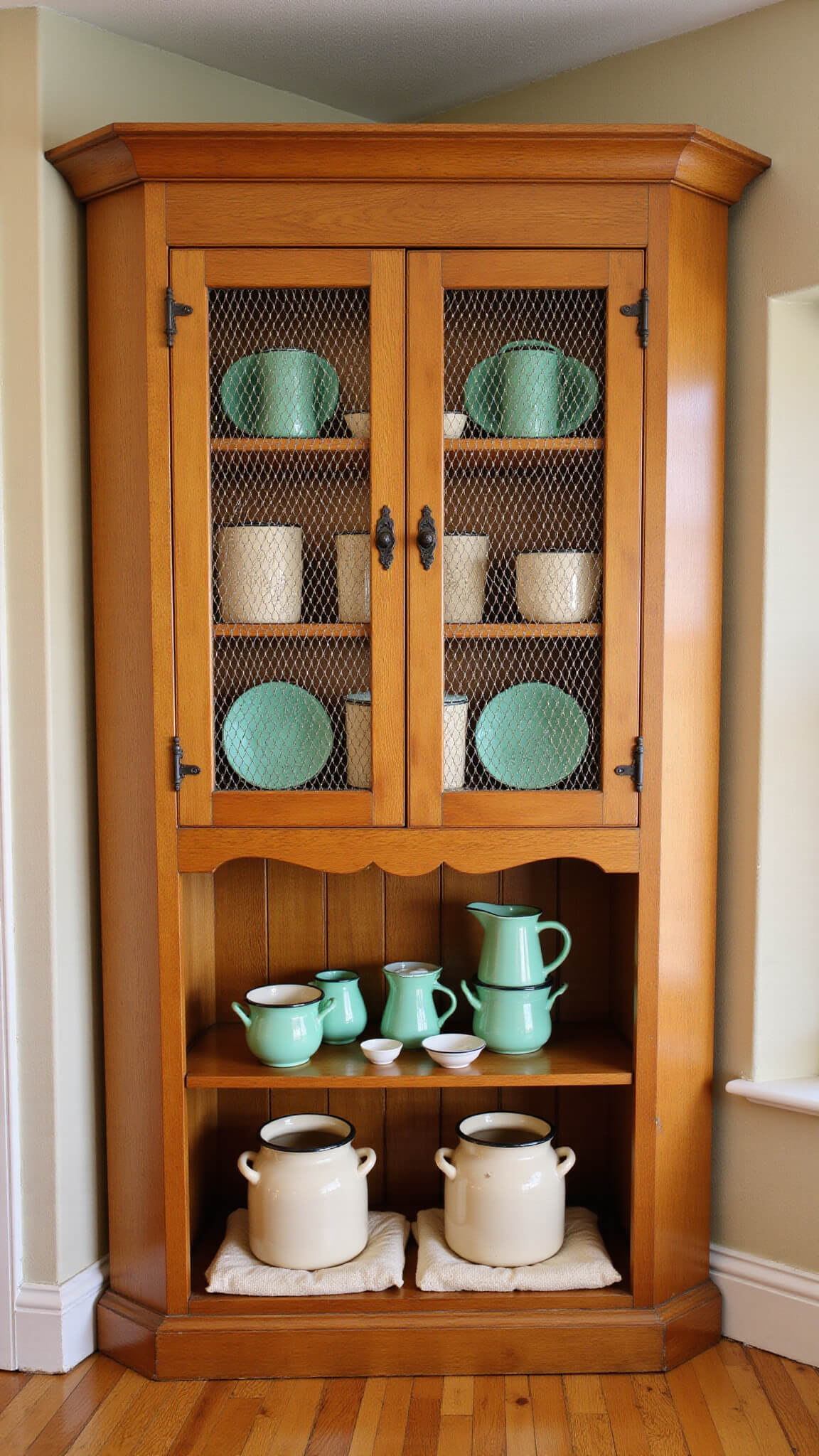 Vintage-style corner hutch in sunlit kitchen, made of reclaimed barn wood with chicken wire cabinets displaying jadite glass and enamelware, backed by warm golden hour lighting.