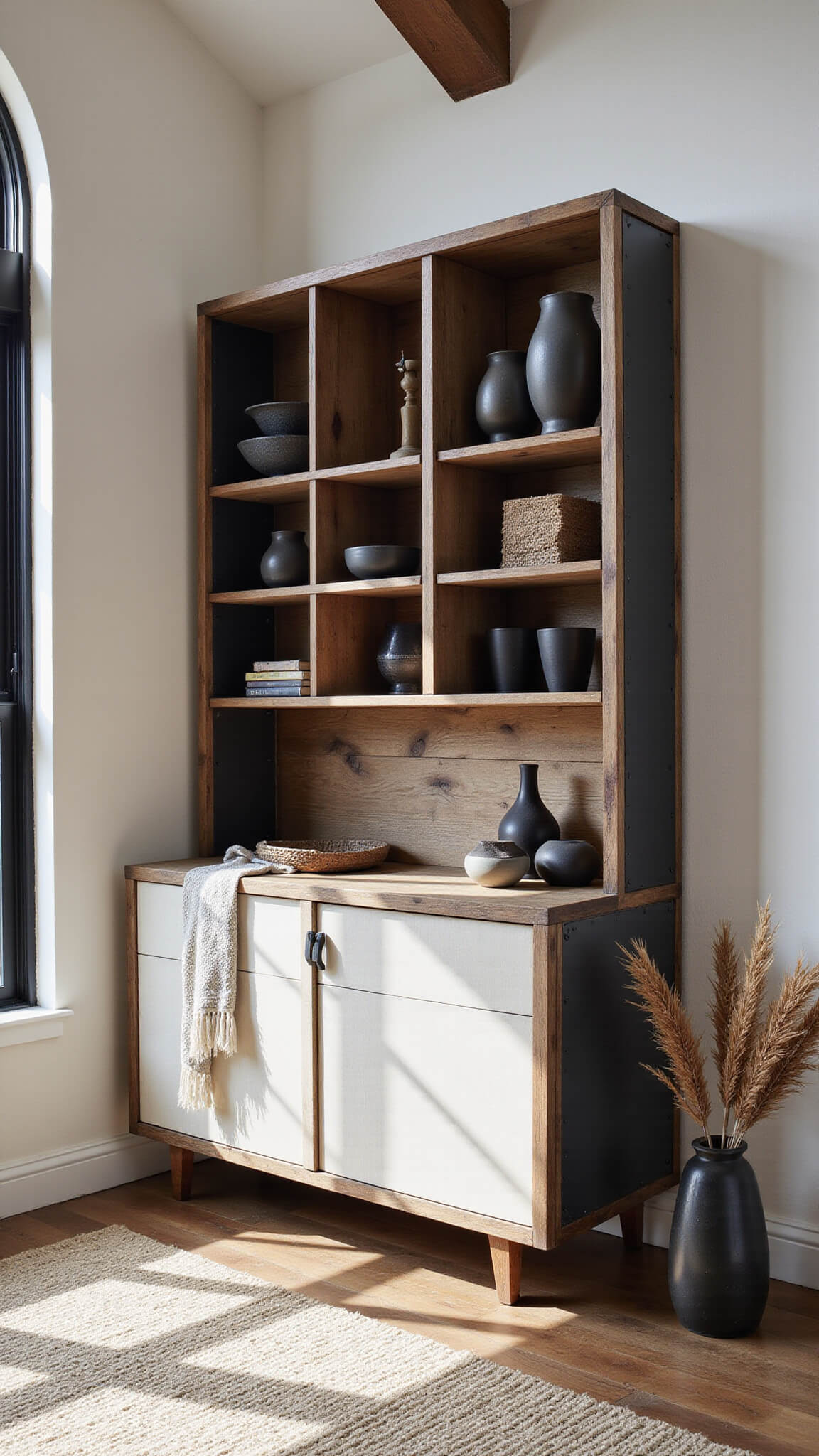 Modern-rustic dining room hutch of raw wood and blackened steel displaying artisanal pottery, styled with handwoven textiles and pampas grass in sunlit vaulted space.