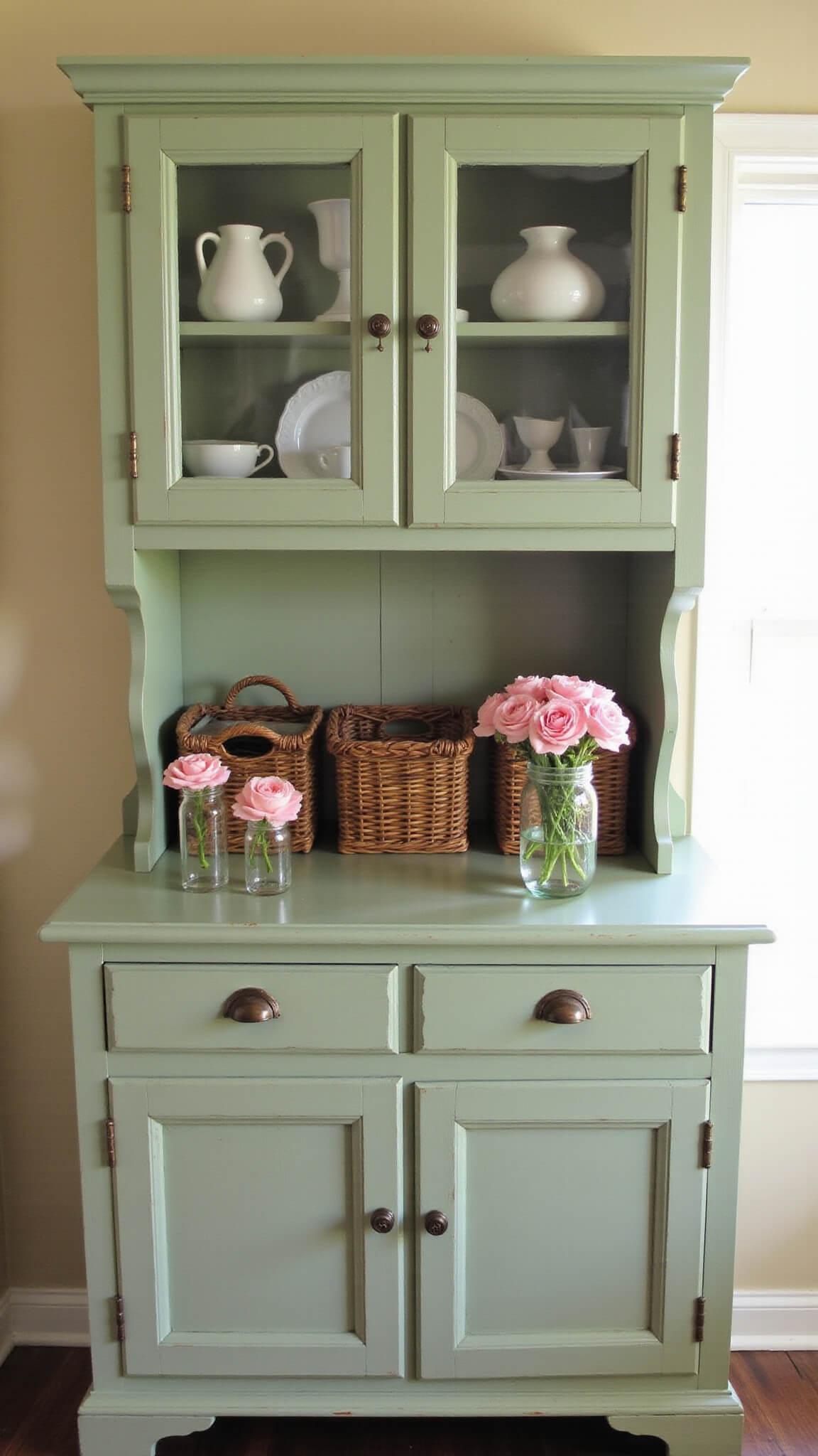 Sage green breakfast nook with vintage milk glass in hutch, woven baskets, antique cookbooks, and mason jars of garden flowers in soft morning light.