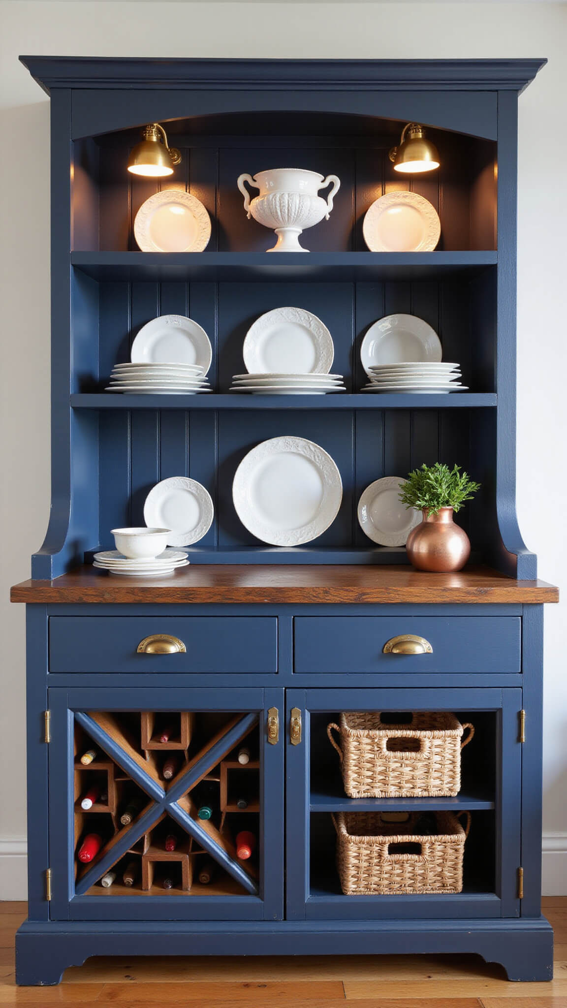 Corner view of a spacious 16x18ft kitchen featuring a distressed navy blue double-width hutch with brass library lights, showcasing ironstone and copper serveware, with x-frame wine storage and woven baskets below, bathed in warm afternoon sunlight.
