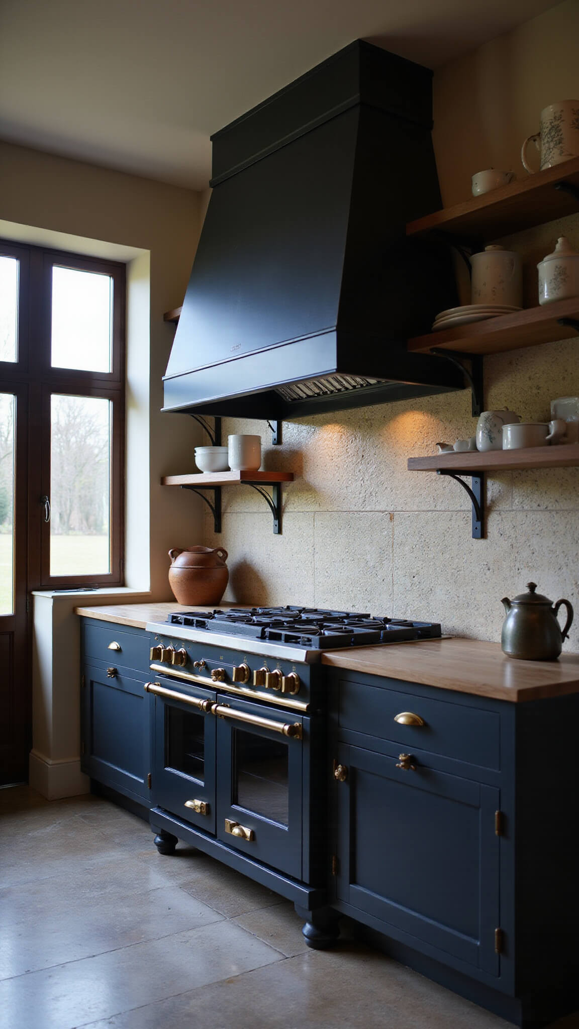 Moody farmhouse kitchen corner at blue hour with black steel hood, brass accents, and layered textures in chiaroscuro lighting.