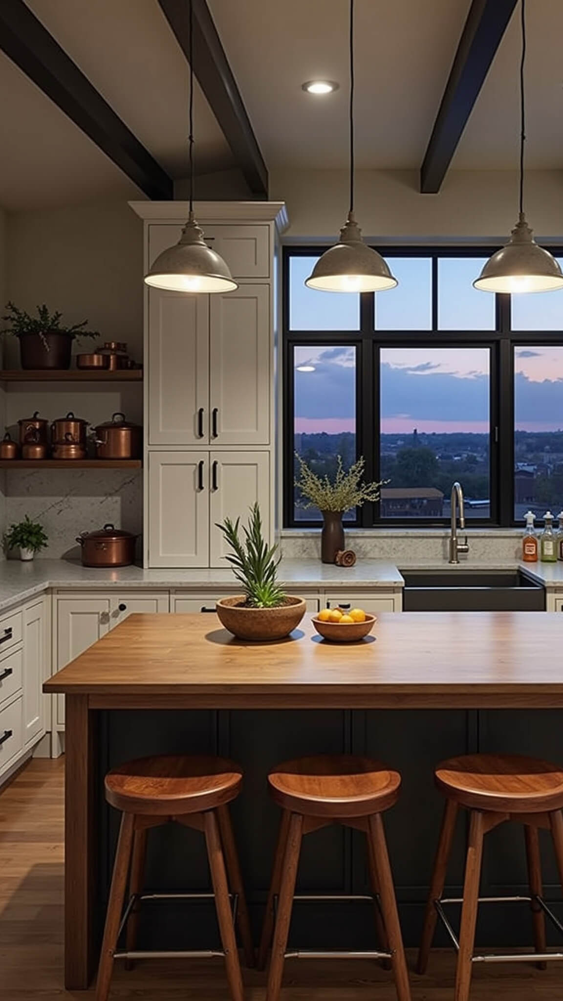 Moody modern farmhouse kitchen at twilight with warm pendant lighting, butcher block island, copper cookware, and black steel windows.