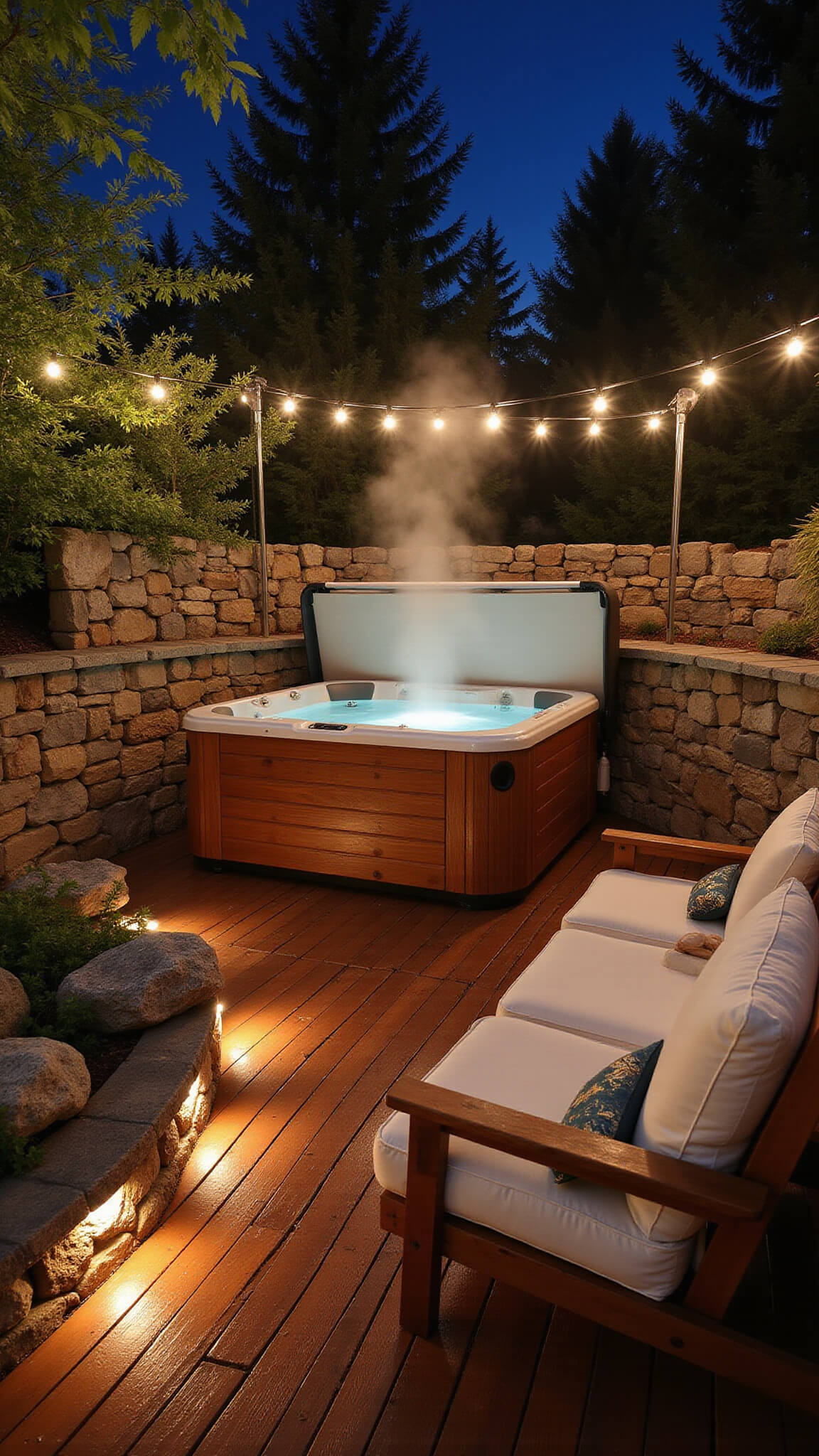 Luxurious twilight backyard with wooden hot tub on cedar deck, warm LED and string lighting, surrounded by stone walls, tropical plants, and teak furniture with white cushions.