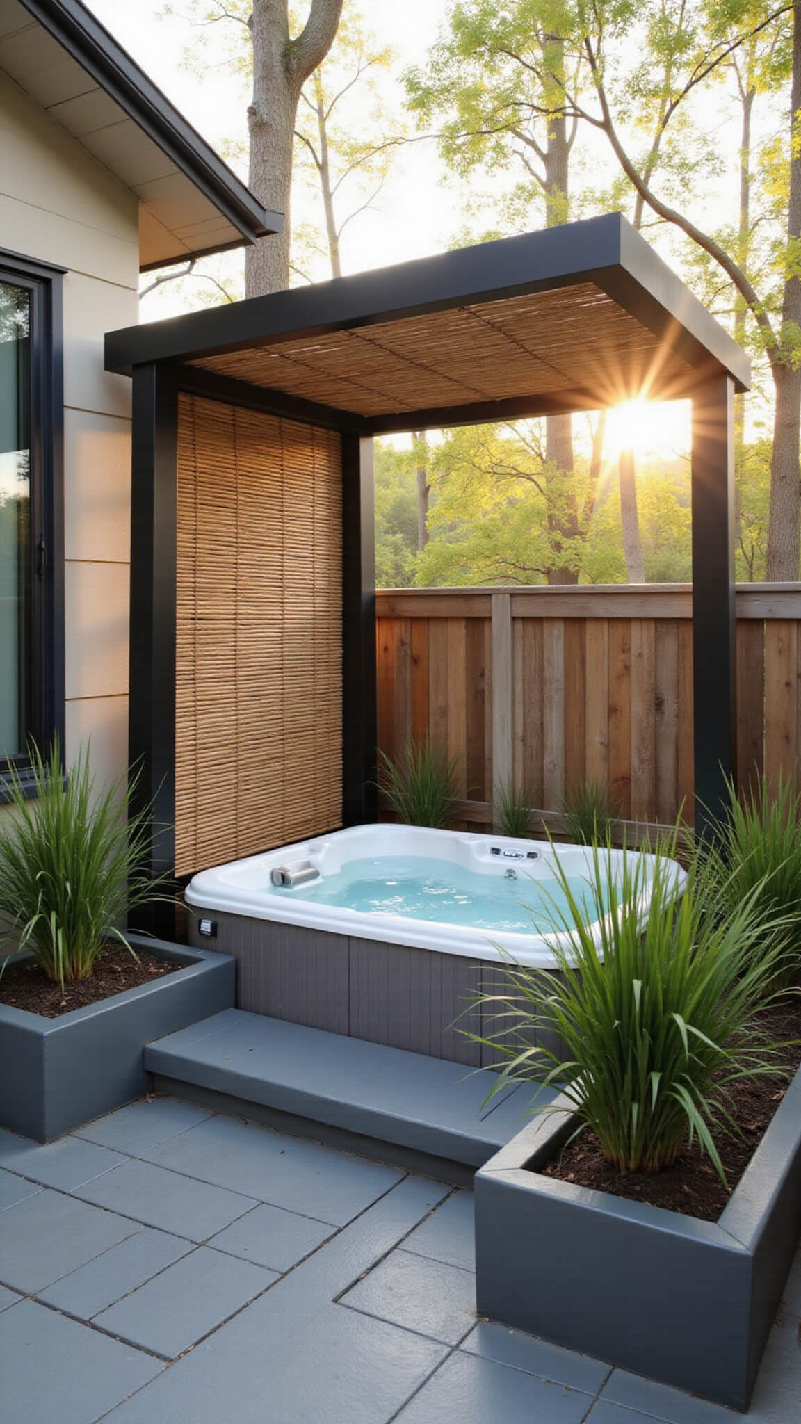 Modern corner sanctuary with 2-person hot tub under pergola, surrounded by bamboo screens, grey decking, and minimalist planters in soft morning mist.
