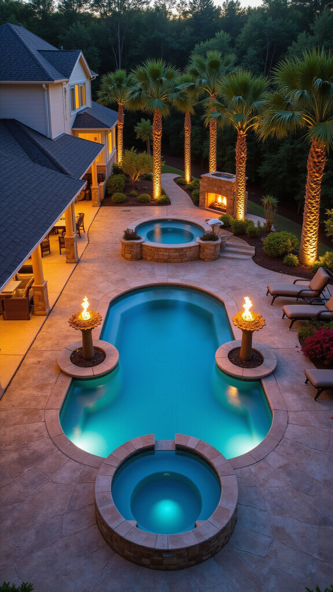 Drone view of a 40x40ft resort-style entertainment space featuring an 8-person faux rock spa with amber lighting, surrounded by stamped concrete, tiki torches, fire features, and lush tropical landscaping.