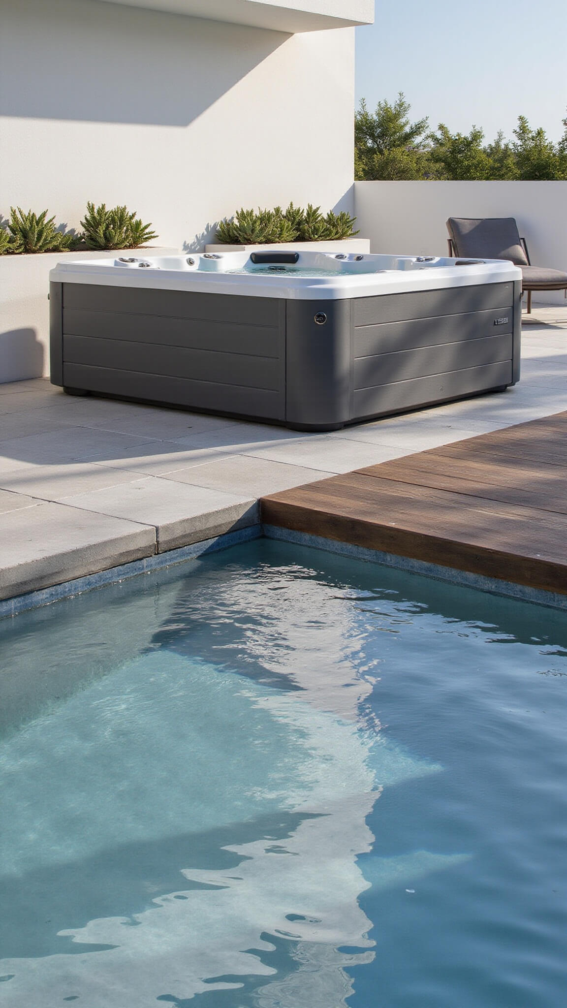 Modern 25x25ft wellness retreat with sleek Master Spas hot tub, chrome jets, and clear water reflecting noon sunlight, featuring geometric concrete pavers, raised IPE wood platform, charcoal grey lounge furniture, and white planters with succulent gardens.