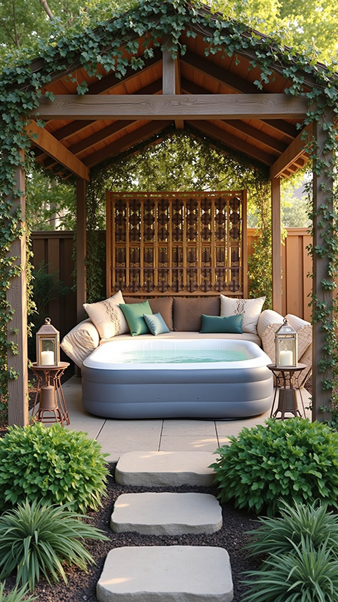 Bohemian outdoor space with inflatable hot tub under wooden gazebo, grapevine-covered lattice casting shadows, Moroccan lanterns, floor cushions, stone paths through greenery, and vintage tables with candles.