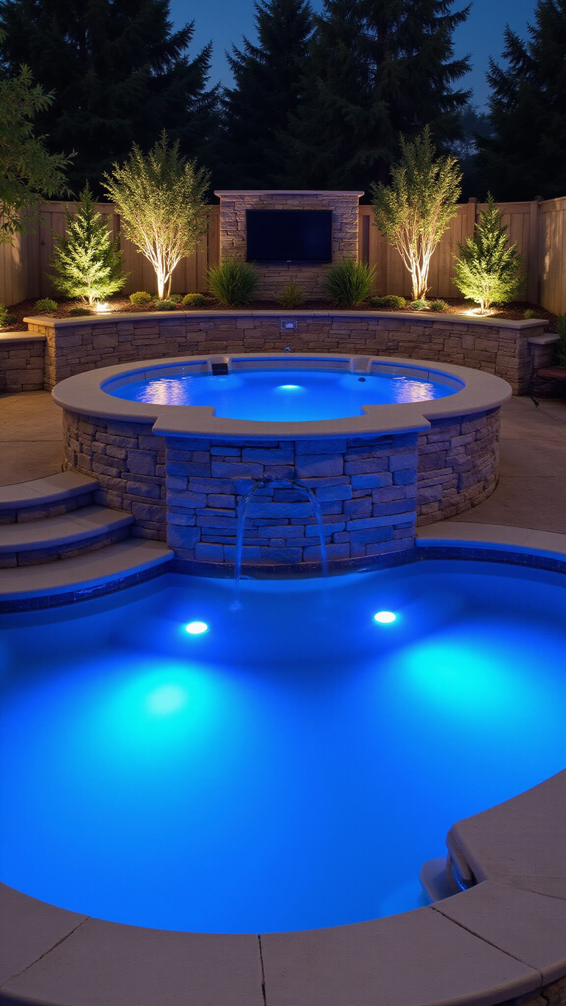 Luxurious Twilight series spa installation with cascading water feature, LED lighting, custom stone surround, built-in planters, privacy wall with TV, and architectural landscape lighting at blue hour.