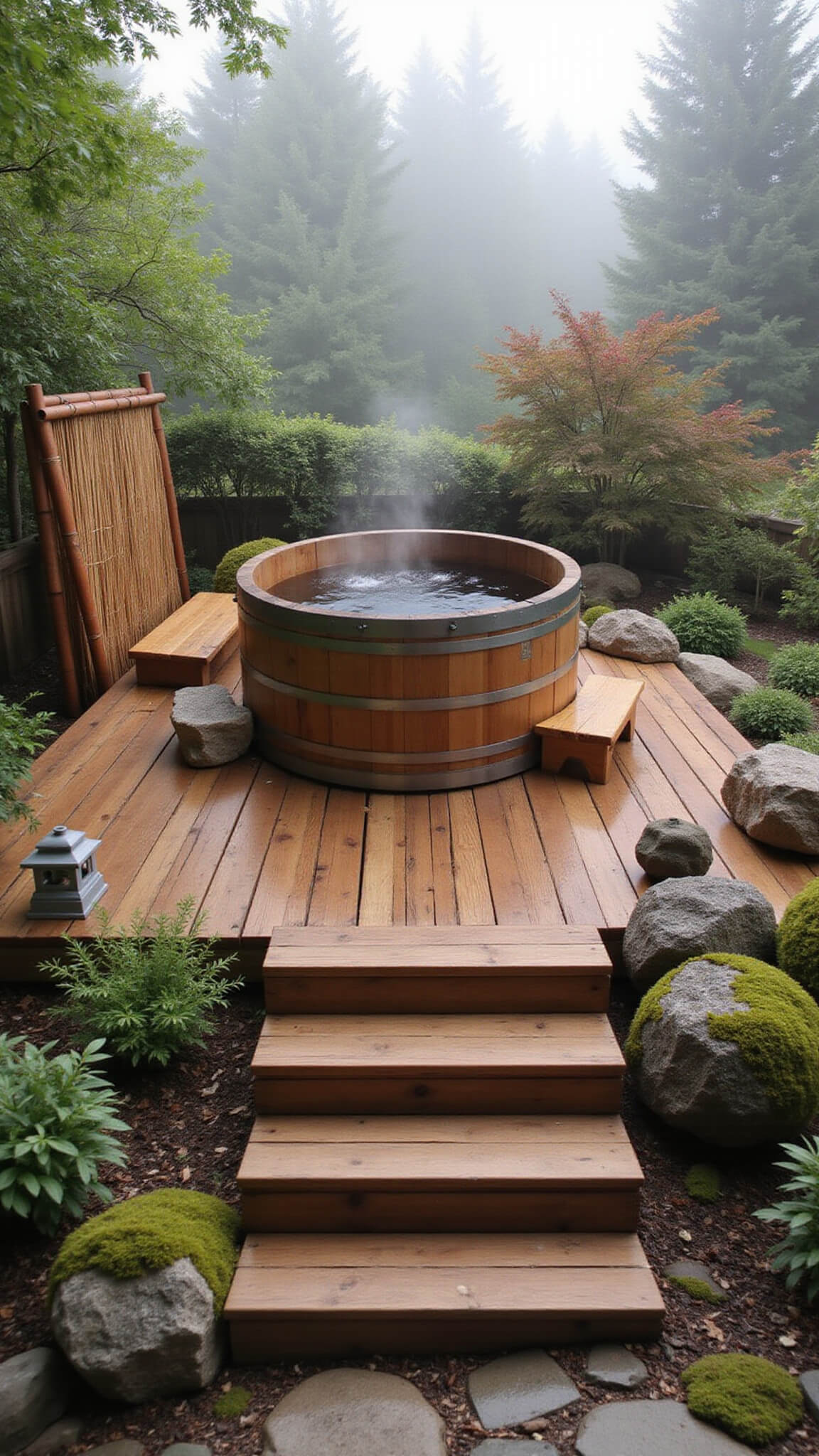 Ground-level view of tranquil 20x25ft retreat with wooden barrel hot tub on cedar platform, surrounded by morning fog, moss, stone lanterns, maples, bamboo privacy screen, zen rock garden, and handcrafted wooden steps and benches.
