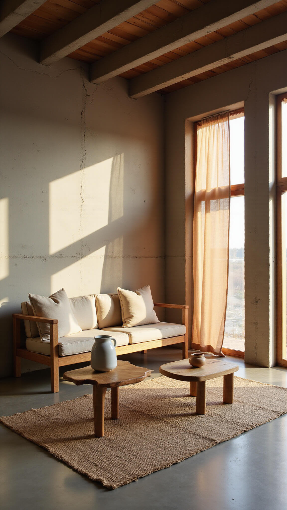 Sunlit minimalist living room with exposed beams, raw concrete walls, teak platform sofa, jute rug, and earthy ceramic decor at golden hour.
