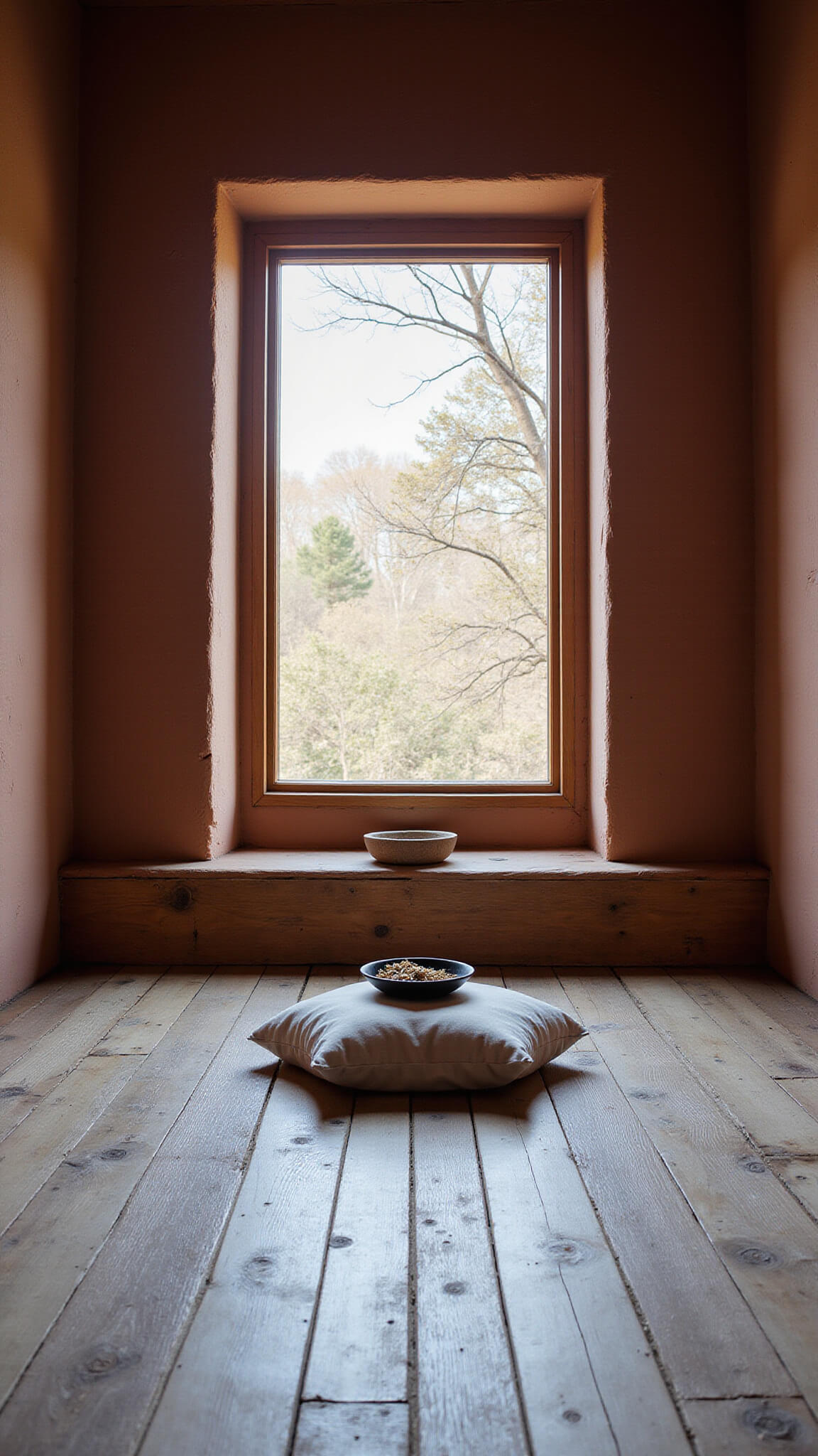Low-angle view of a serene 12x14ft meditation room at dawn with weathered oak floors, a single raw silk floor cushion facing an east window filtered by a wooden screen, rough clay walls, and a minimalist altar holding a ceramic bowl with dried botanicals in soft diffused light.