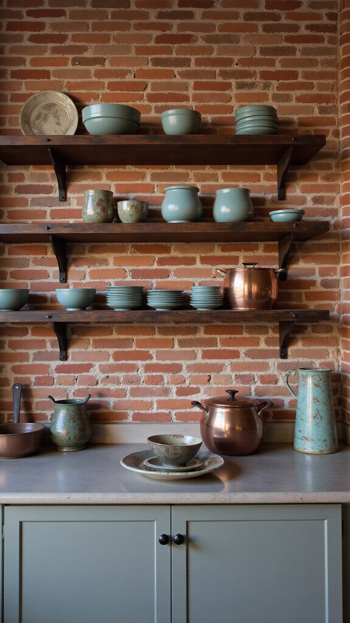 Modern rustic kitchen at dusk with exposed brick, reclaimed wood shelving, vintage copper pots, and stone countertops, blending warm lighting and natural blue hour tones.