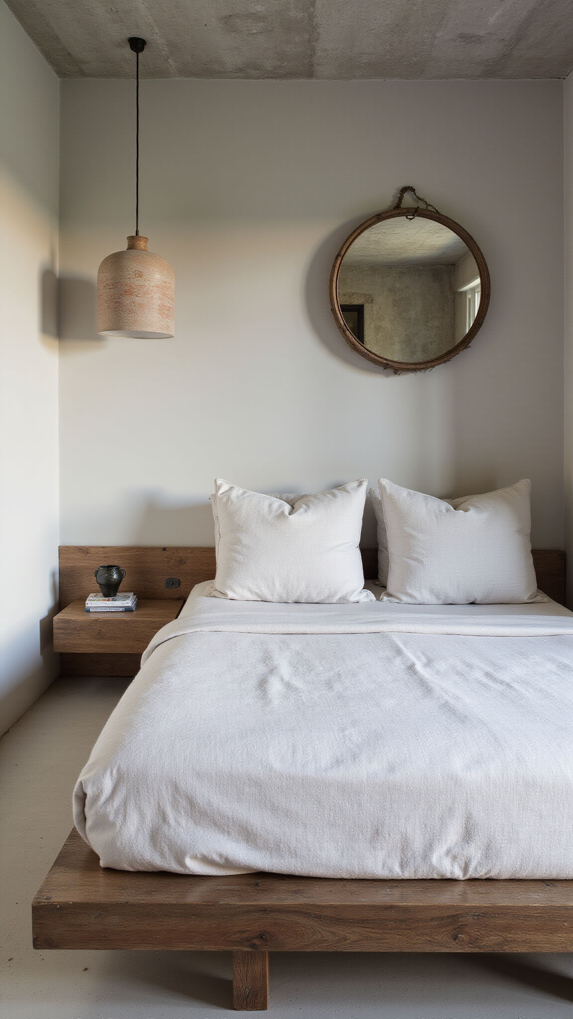Serene bedroom with recycled timber platform bed in natural linen, lime-washed walls, concrete ceiling, ceramic pendant light, and weathered bronze mirror in soft morning light.